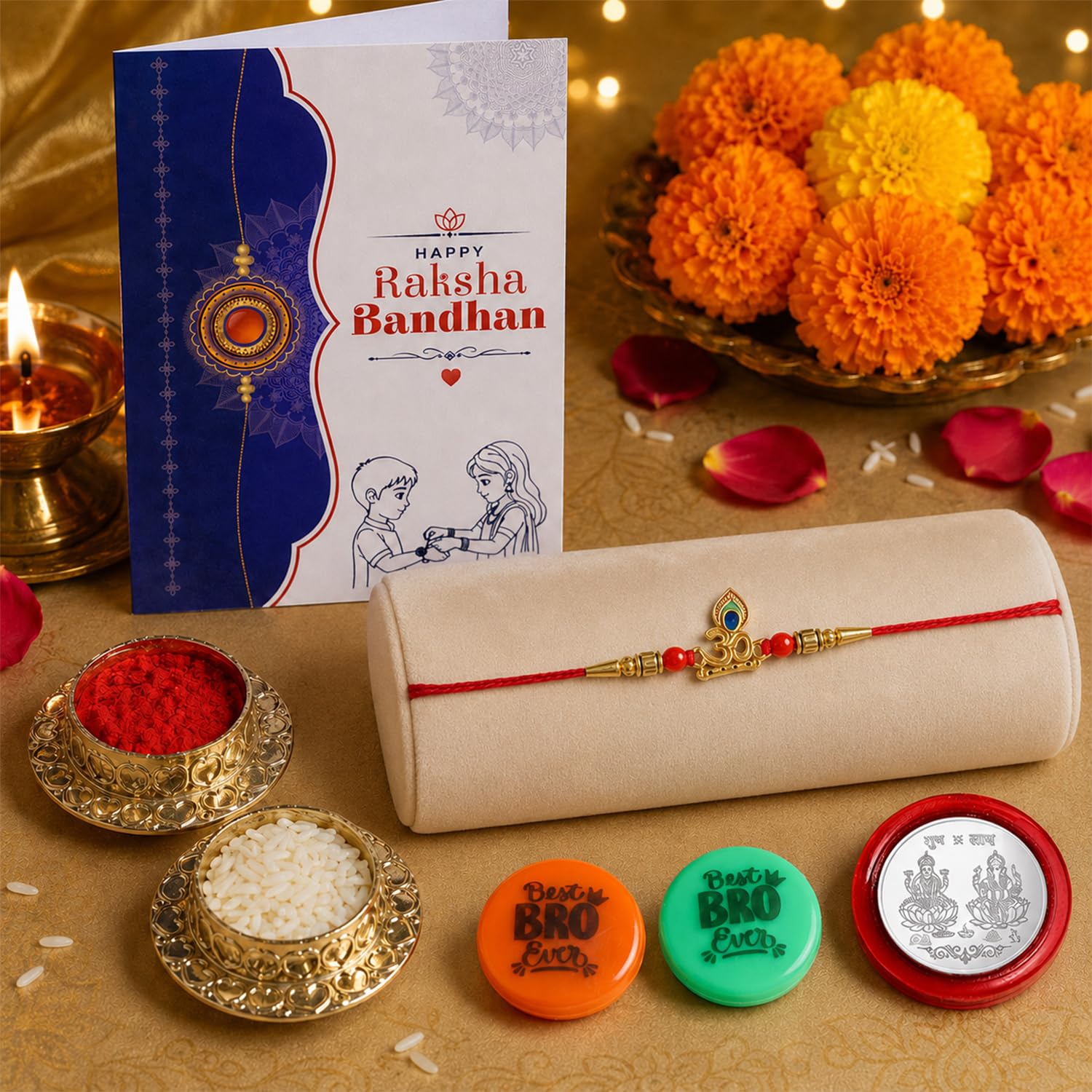 Oblivion Designer Rakhi Gift Set for Brother – Fancy Rakhi for Bhai with Fridge Magnet, Roli & Chawal & Greeting Card – Raksha Bandhan Gift