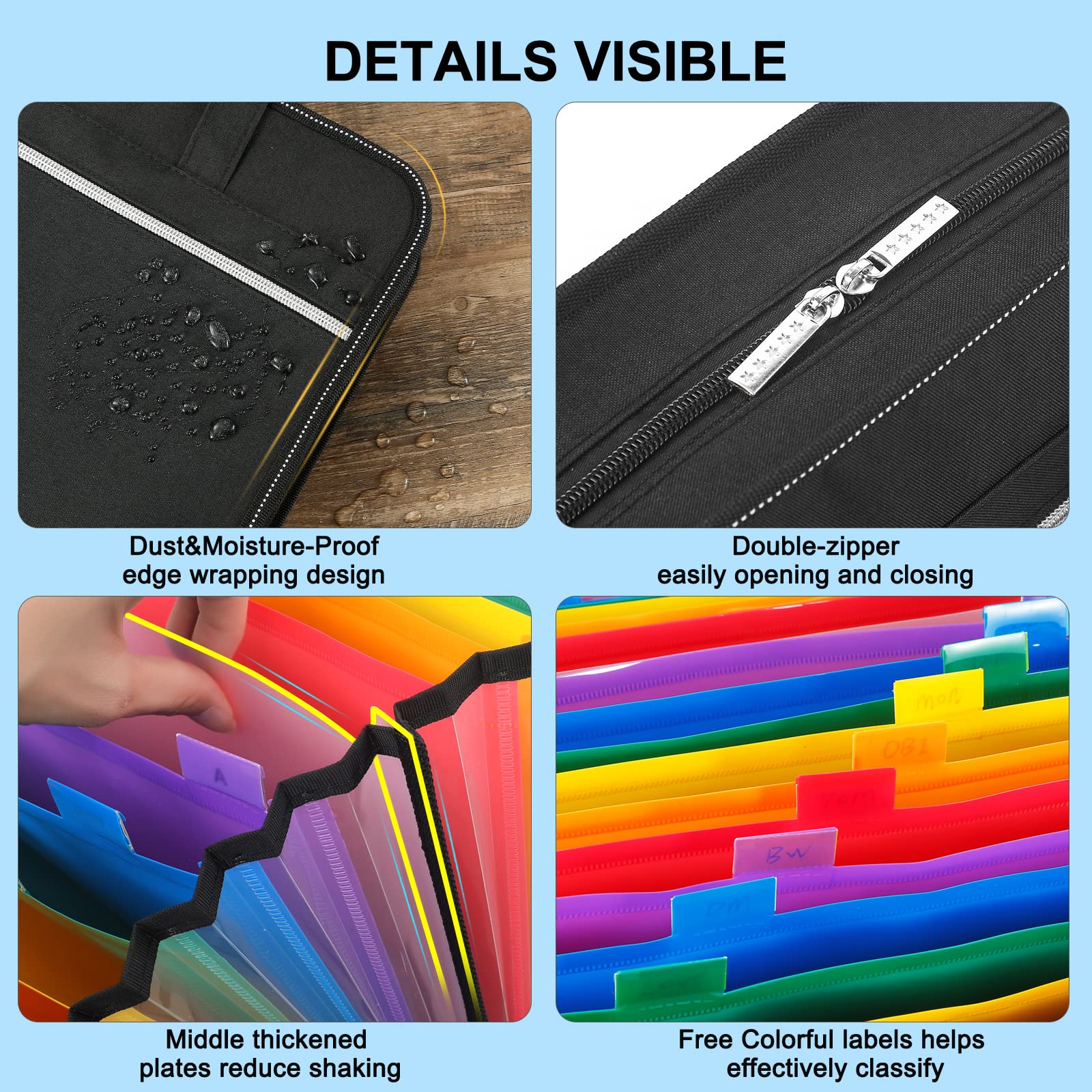 MRLUK Organiseur de fichiers accordéon avec poignée, 26 poches extensibles, organiseur de documents en tissu pour format lettre/fichier A4, pour bureau, école (noir)