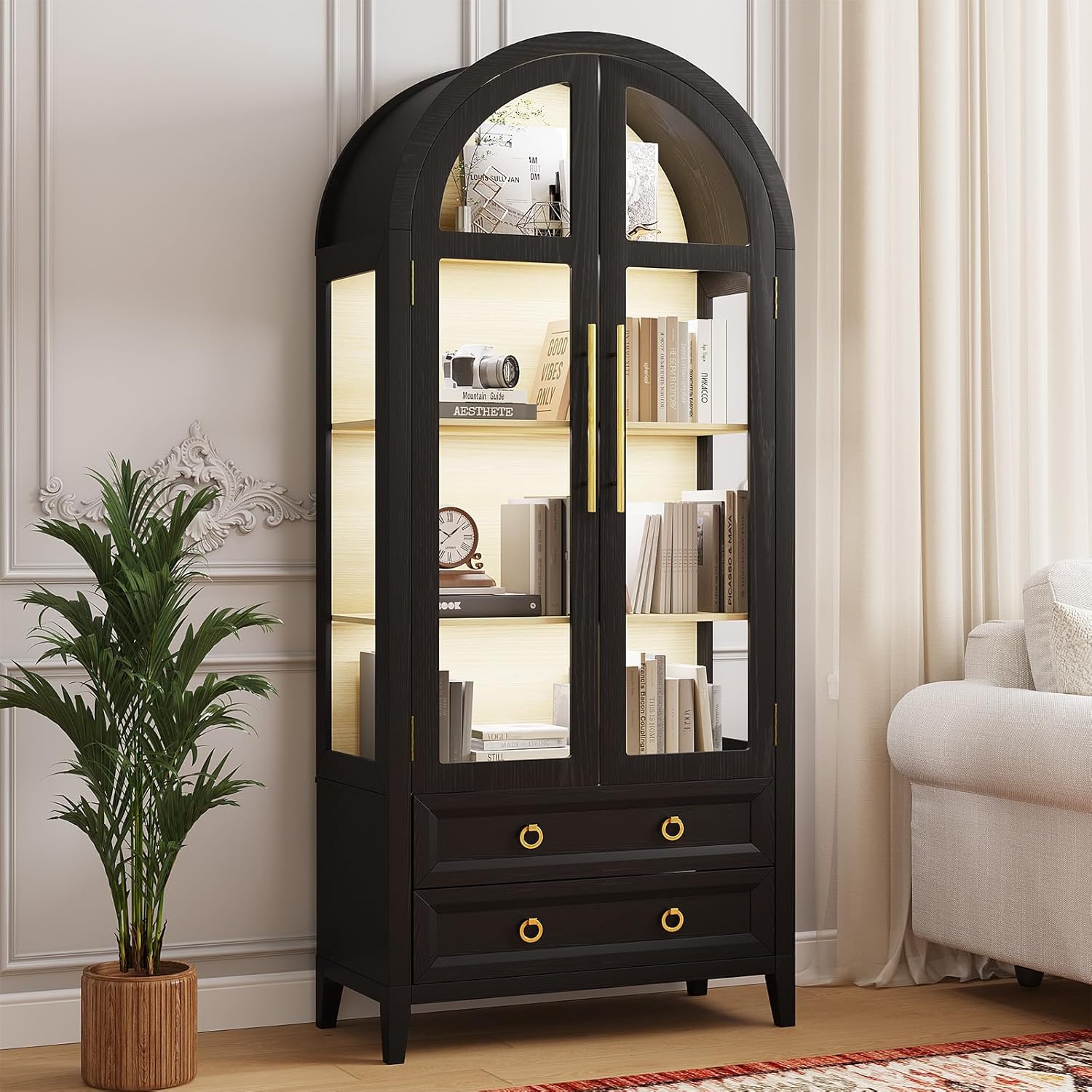 LVSOMT 71" Tall Arched Storage Cabinet with Glass Doors and Drawers, Curio Display Cabinet with Adjustable LED Light & Human Sensor, 4-Tier China Cabinet for Living Room(Black+Wood)