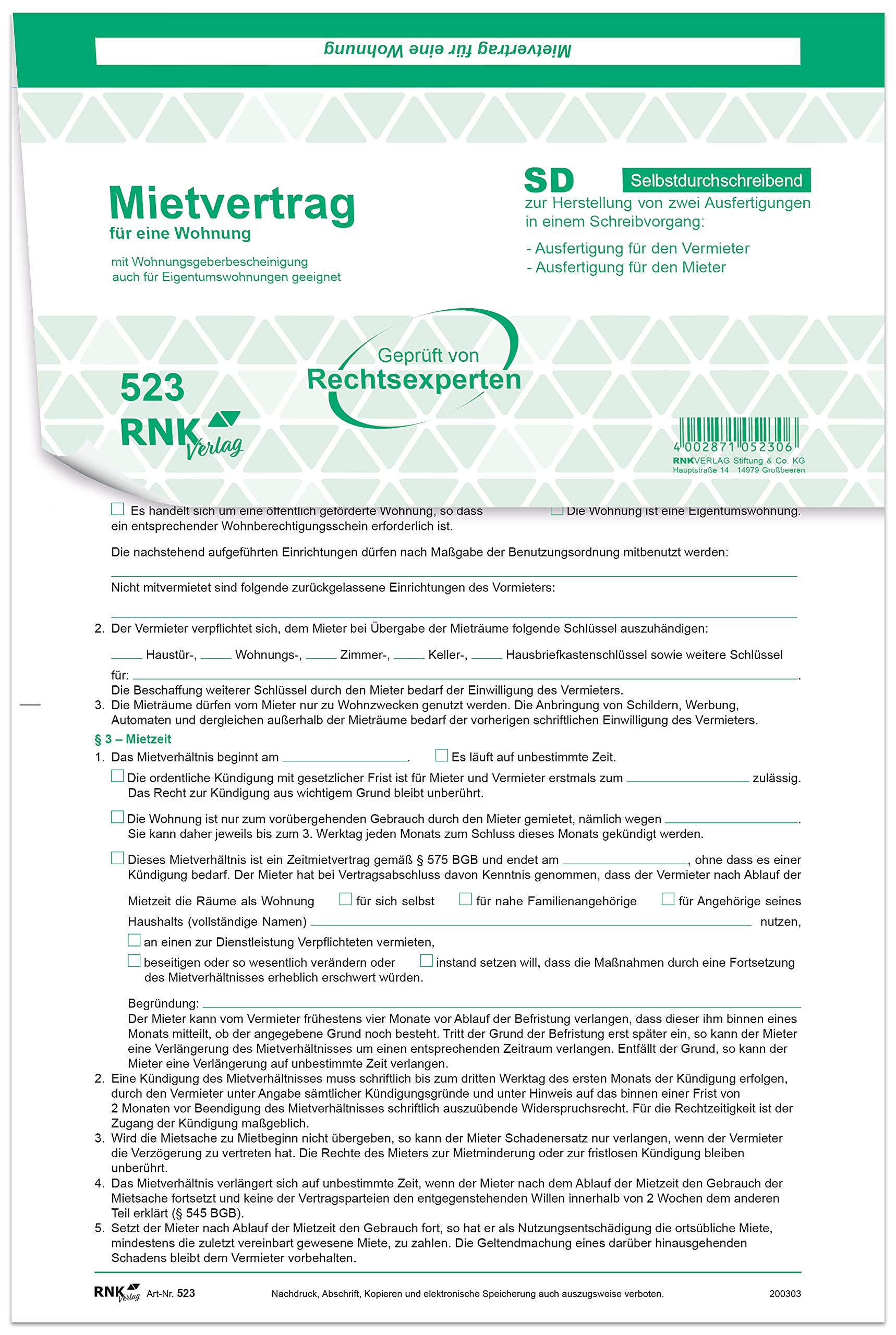 RNKVERLAG 523 - Universal-Mietvertrag für Wohnungen - SD, 3 x 2 Blatt, DIN A4, mit Wohnungsgeberbescheinigung, 25 Stück