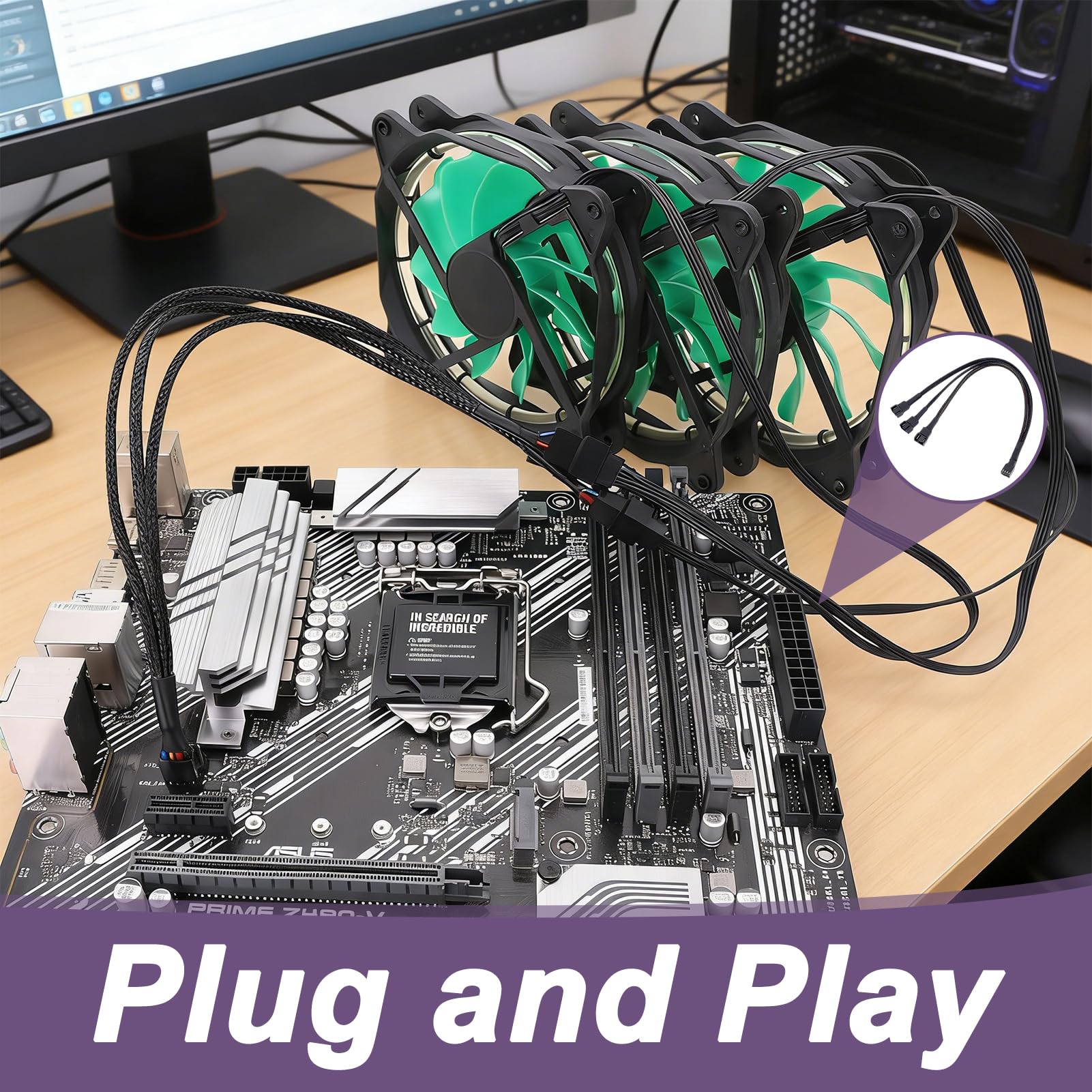 2 Stück Splitter-Lüfter, 4-poliges PWM-Splitterkabel, 1 auf 3, Splitterkabel, 4-polig, 27 cm, geflochtene Muffe, kompatibel mit Lüftern mit 3 Pin und 4 Pins, Gehäuse, CPU Watercooling