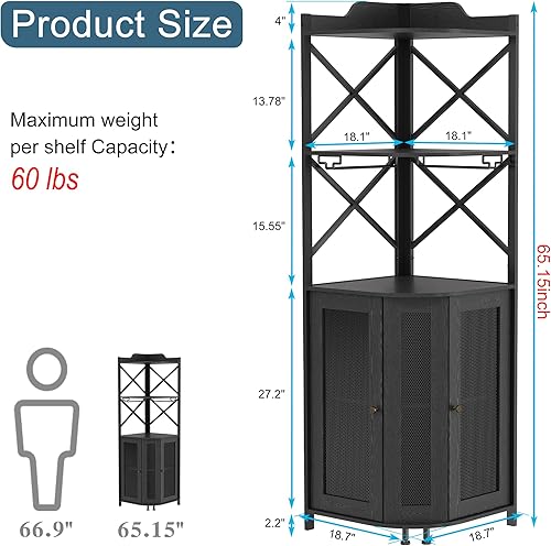 Miniatura 2 de JKsmart Gabinete de Bar de Esquina con Luces LED, Gabinete de Bar de Vino Industrial de 5 Niveles con Portavasos, Gabinetes de Licor Estilo Granja