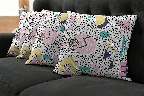 Miniatura 7 de Ambesonne Juego de 4 fundas de cojín de los años 90, patrón geométrico en estilo retro, formas redondas de triángulo de media luna, ilustraciones de