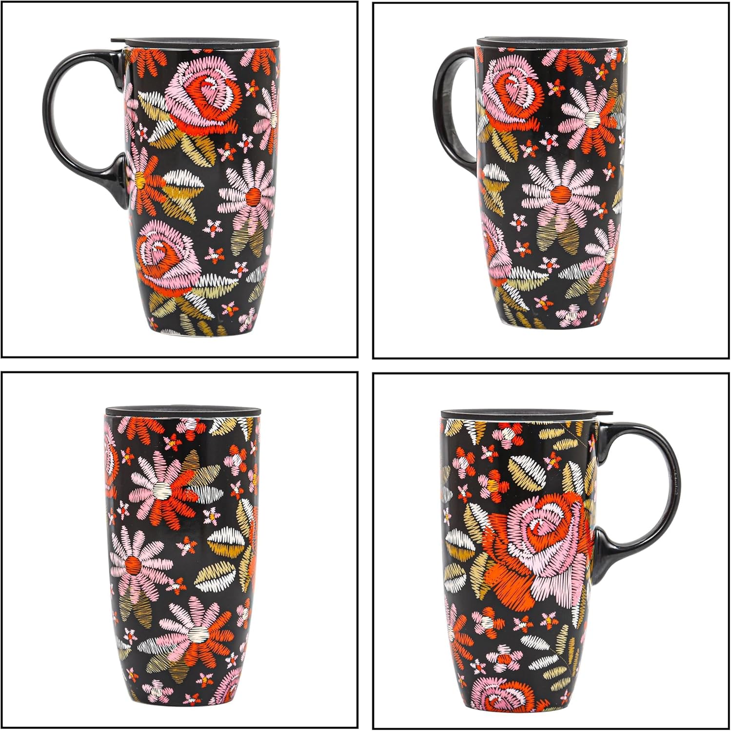 Topadorn Ceramic Coffee Mug Travel Ceramic Mug Ceramic Latte Teacup with Color Box 17 oz.,Red Flowers - Image 3