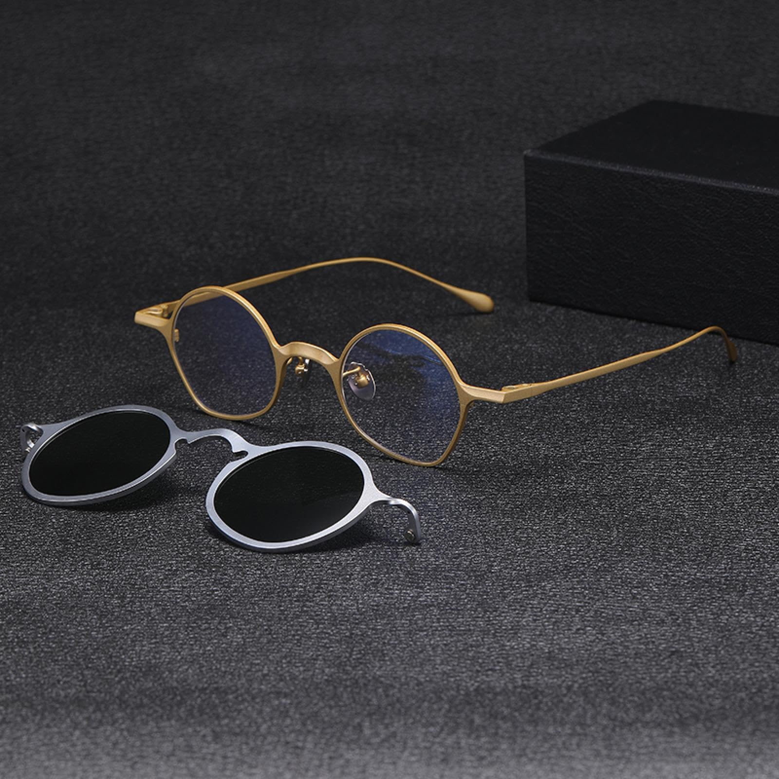 Montura de gafas de titanio puro con clip magnético 2 en 1 vintage para hombre, gafas polarizadas retro