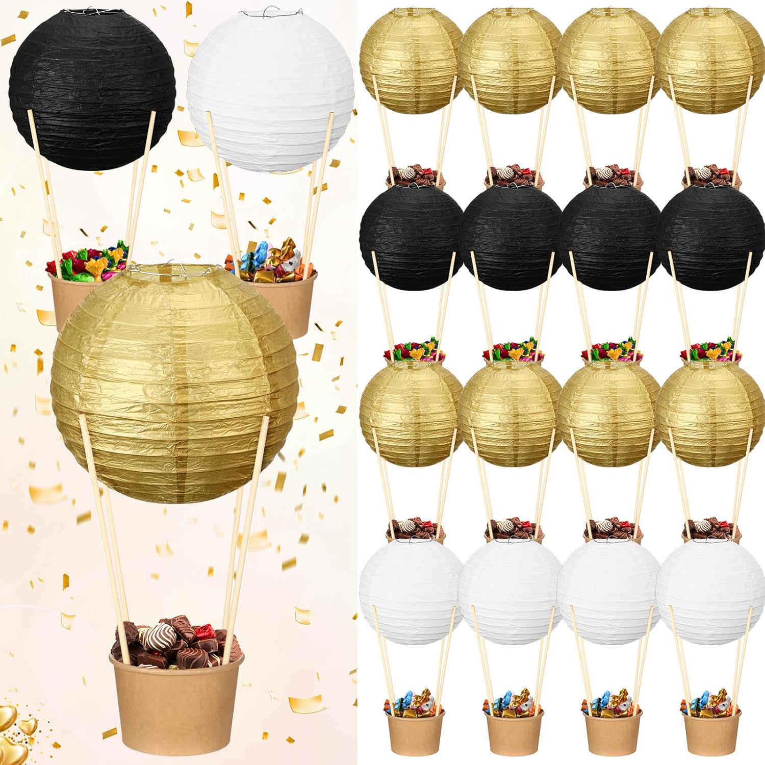 Honeydak 24 Set Hot Air Balloon Decorations Baby Shower Centerpieces for Tables DIY Paper Lanterns Basket with Sticks Black and Gold Birthday Wedding Retirement Anniversary Decorations