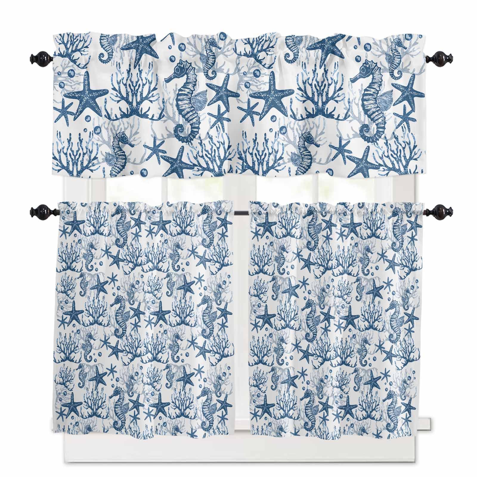 Coastal Blue Kitchen Curtains 24 Inch Length, 3 Piece Rod Pocket Small Half Tiers and Valance Set, Ocean Seahorse Starfish Coral Sea Small Large Window Treatment Decor for Bedroom/Bathroom Sink