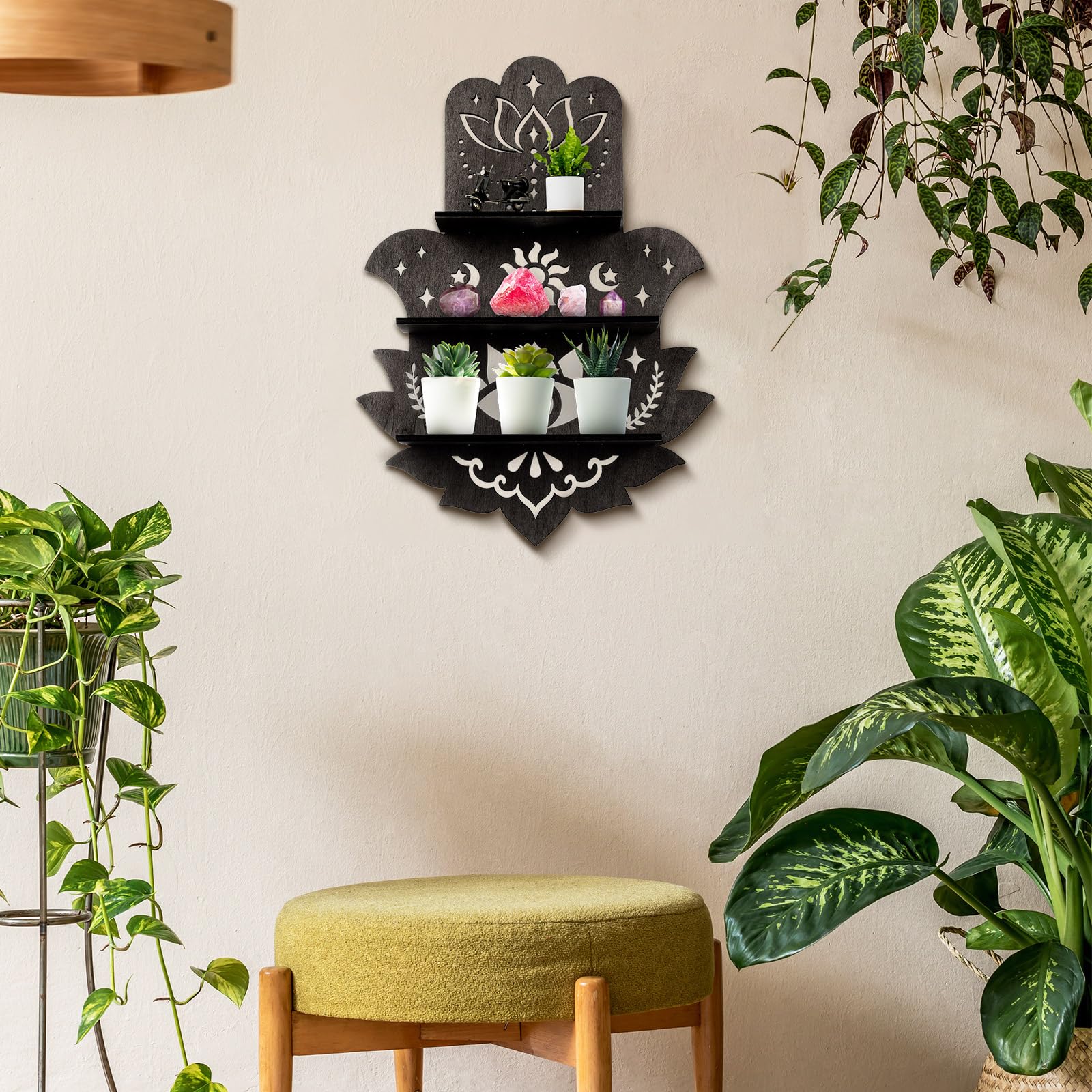 Hamsa Wall Decor Lotus Crystal Shelf Display for Evil Eye - Large 17'' Hamsa Hand Boho Wooden Hanging Crystal Holder Aesthetic Zen Meditation Spiritual Gift Witch Yoga Decor (Black)