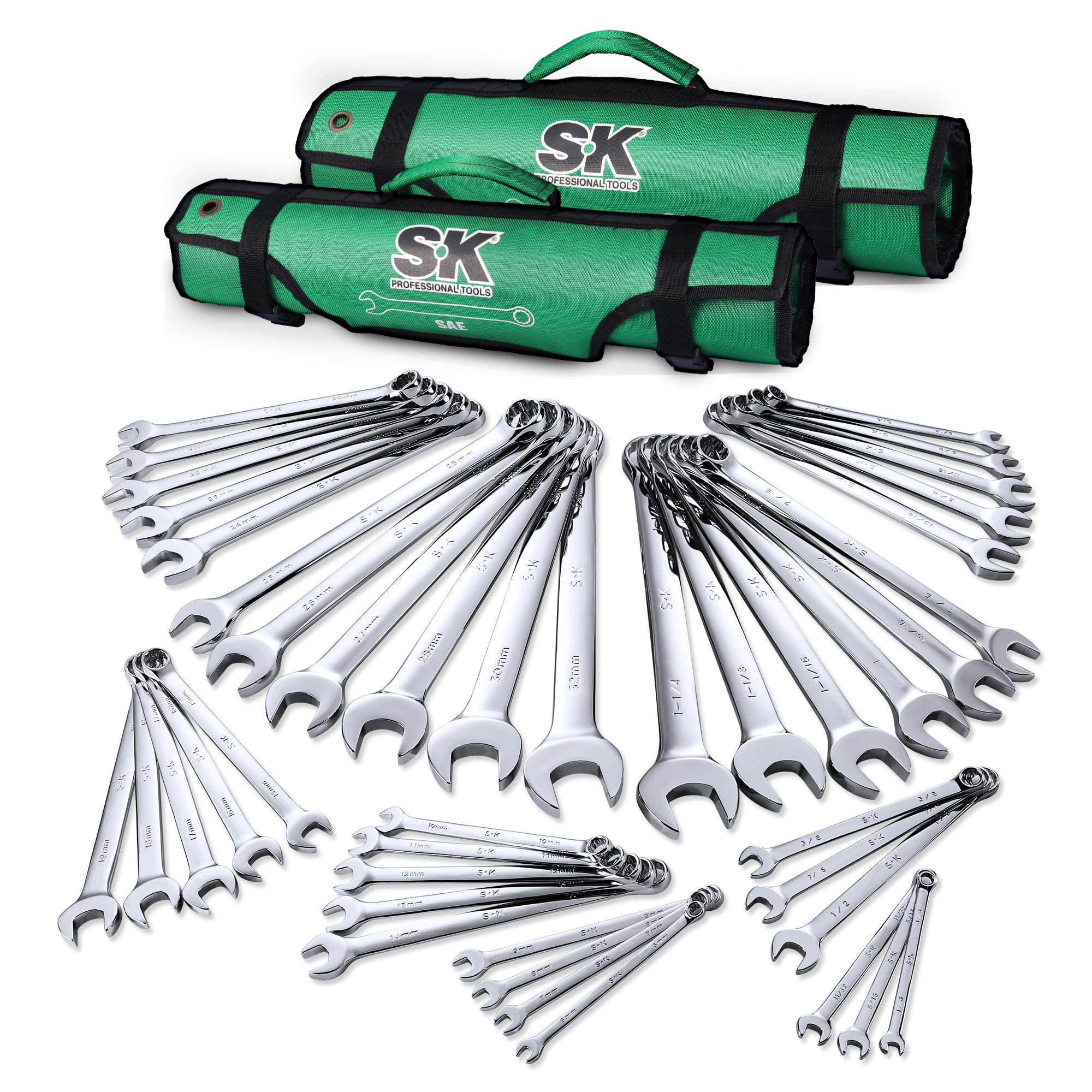 SK Combination Wrench Set, SAE 1/4" to 1-1/4", Metric 6 to 32mm, 42-Piece, SuperKrome Finish, Premium CR-V Construction, with Rolling Pouch