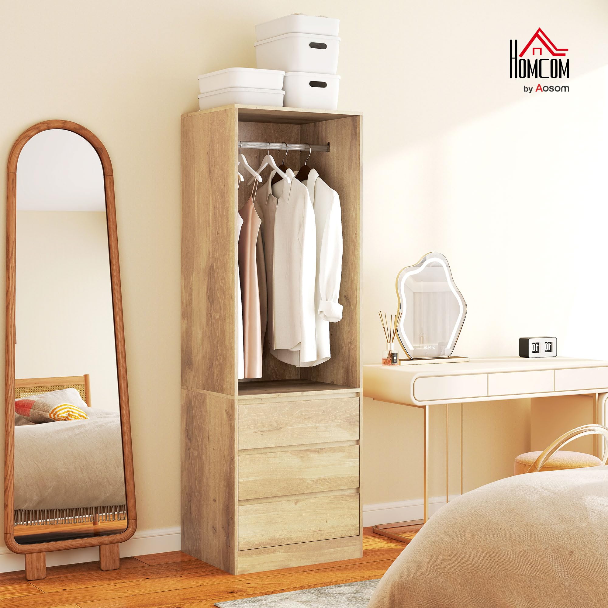 HOMCOM Armadio Guardaroba Salvaspazio con Asta Appendiabiti, Ripiano Aperto e 3 Cassetti, Armadio Camera da Letto, Mobile Guardaroba, 60x48.5x185 cm, Color Teak