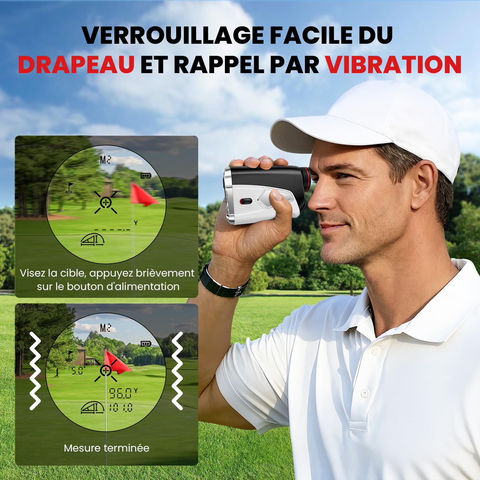 Télémètre de golf avec pente marche/arrêt, 1 374 m, grossissement 7x, haute précision, pour golf/chasse, verrouillage de drapeau avec vibration, télémètre de golf portable, rechargeable