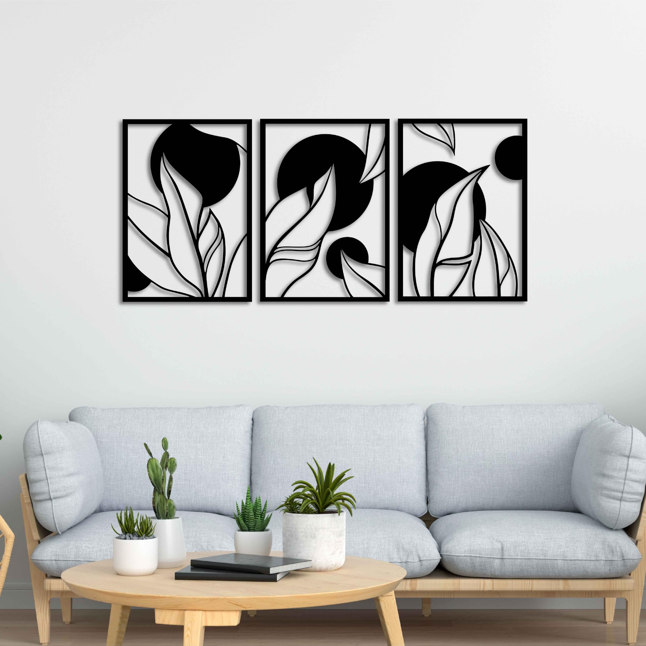 KAWA METALWORKS Leaves Boho Metal Wall Art for Living Room, Floral Metal Wall Decor, Set of 3 Large Tropical Wall Sculpture (Small - 35.5cm x 76cm (HxW))