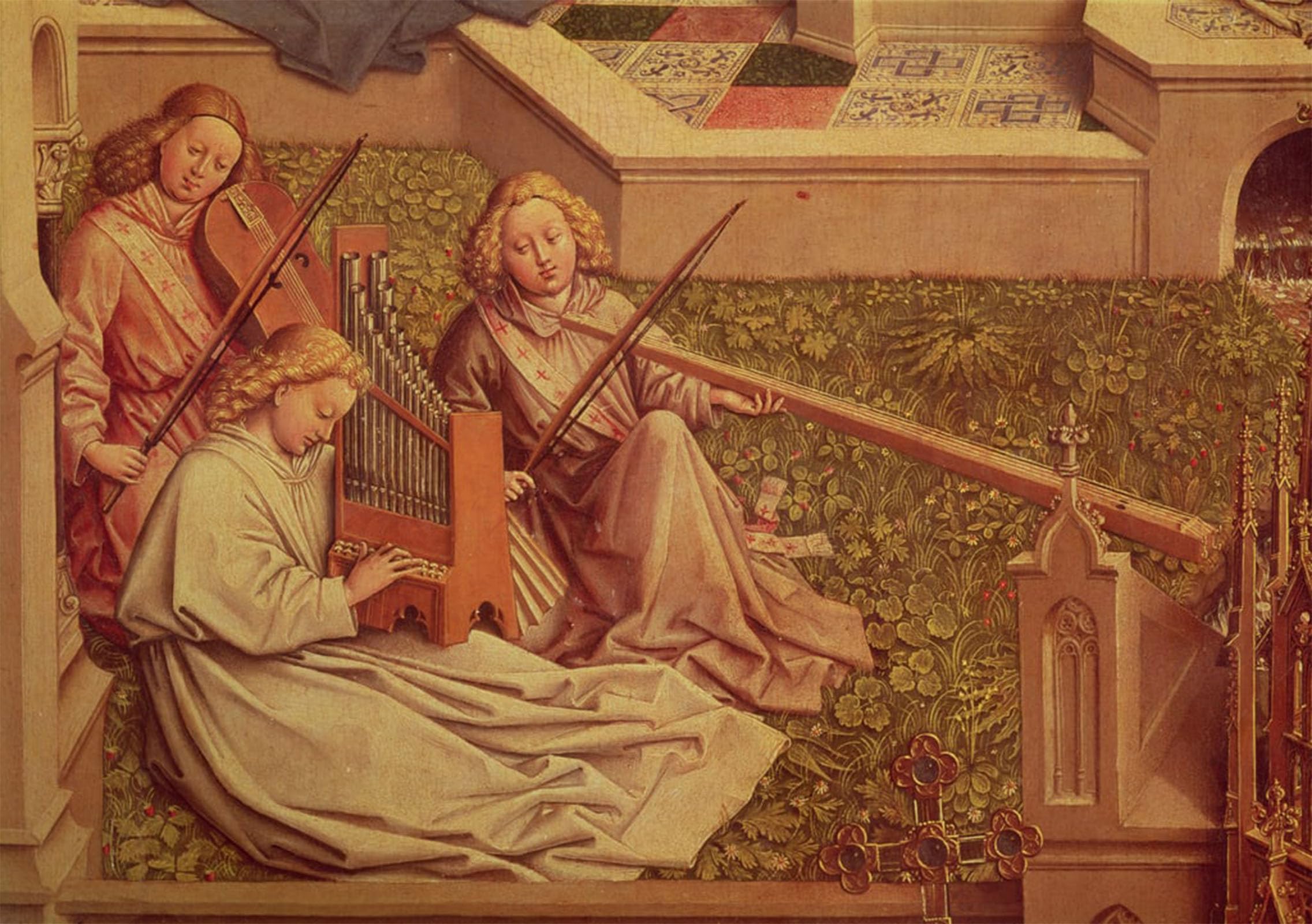ARTXLXXBN Famous Print Painting Colorful Art Print the Fountain of Grace Three Angel Musicians by Jan Van Eyck Canvas Art Decorations for Home Decor 60x90cm