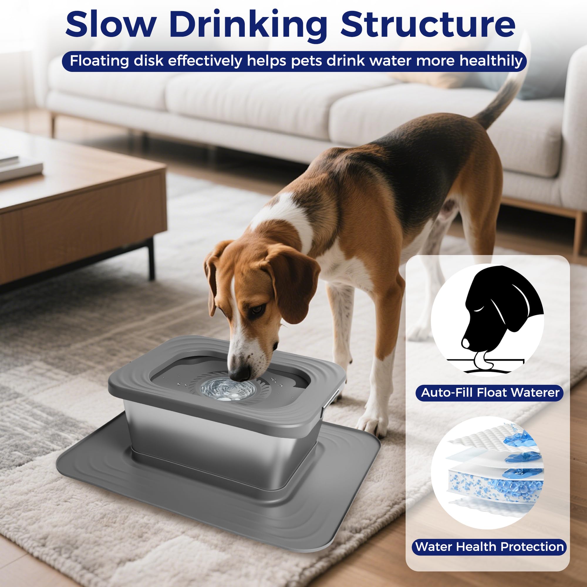 Bostar Ciotola dell'acqua per cani da 10 l, senza sbavare, con tappetino in silicone XXL, filtro di ricambio, in acciaio inox, per cani di taglia media/grande, lavabile in lavastoviglie