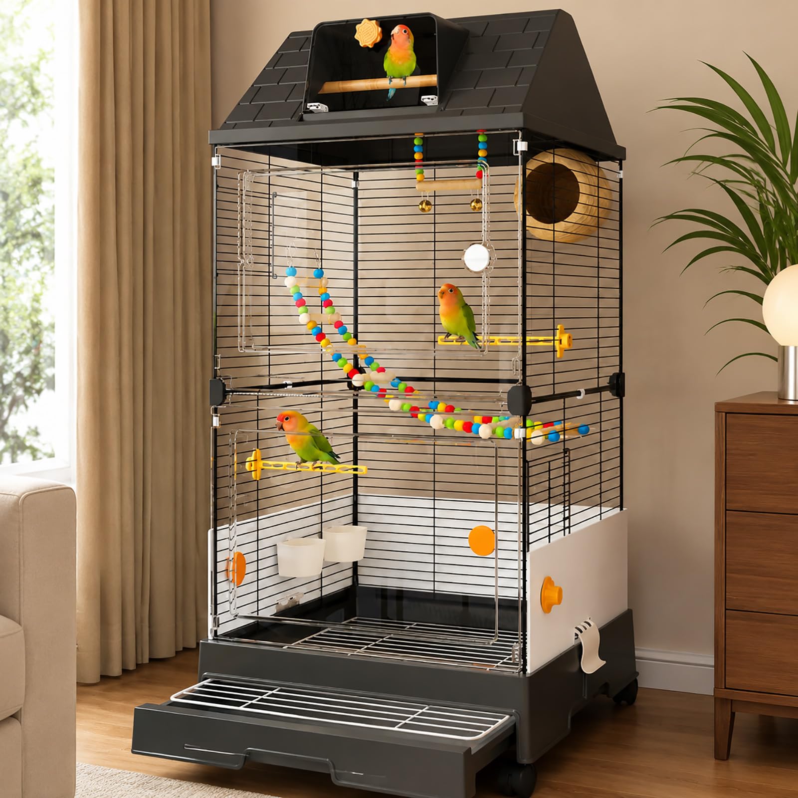 Jaula para Pájaros Moderna con Vista Panorámica 98cm, Aviario Interior con Bandeja Extraíble para Periquitos, Cacatúas, Canarios, Agapornis y Aves Pequeñas Black