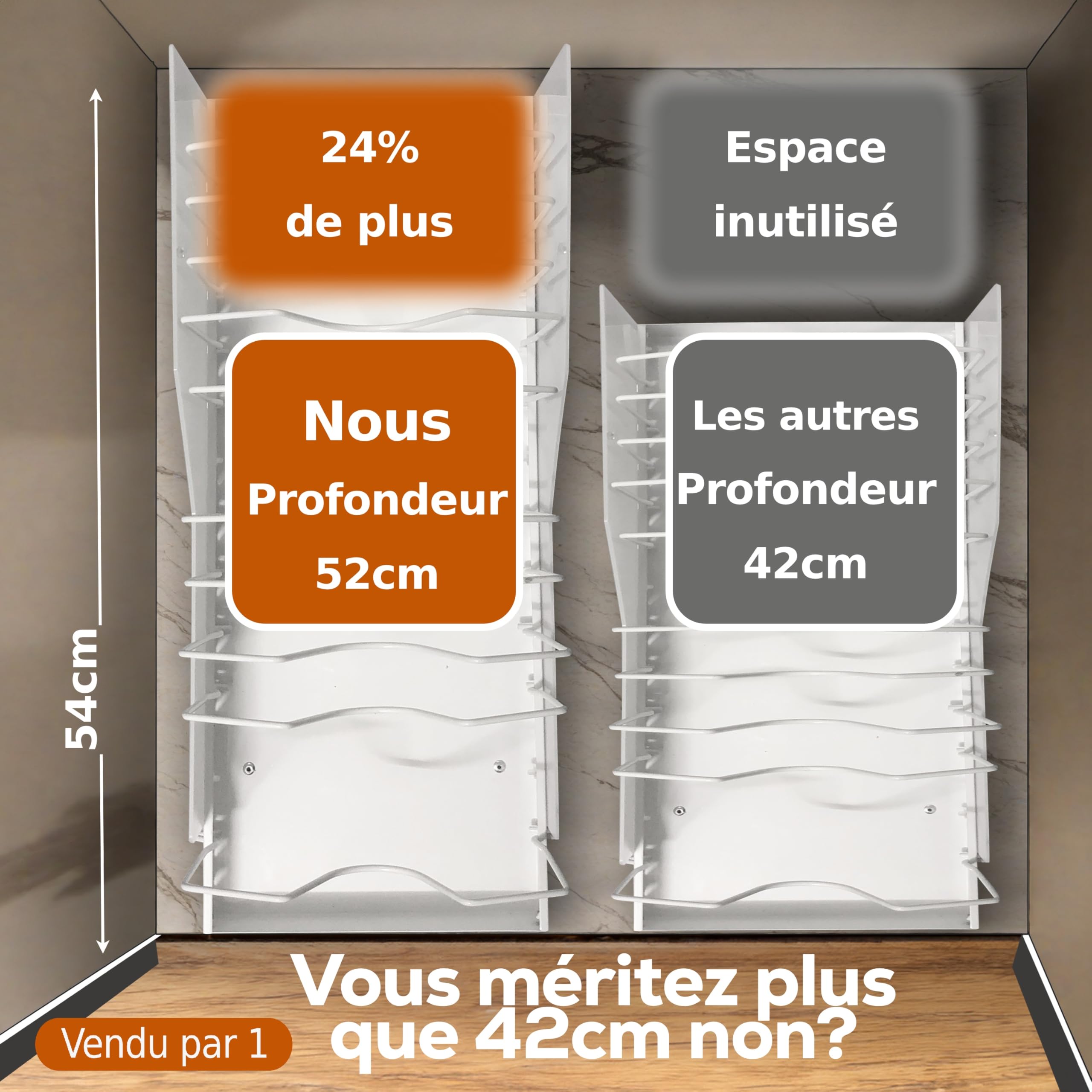 LOT DE 2 Tiroirs coulissants cuisine adhesif - Profondeur XL 52cm - Spécial caisson 60cm -100% Gain de place - Antichute - Range couvercle poele - Sans perçage