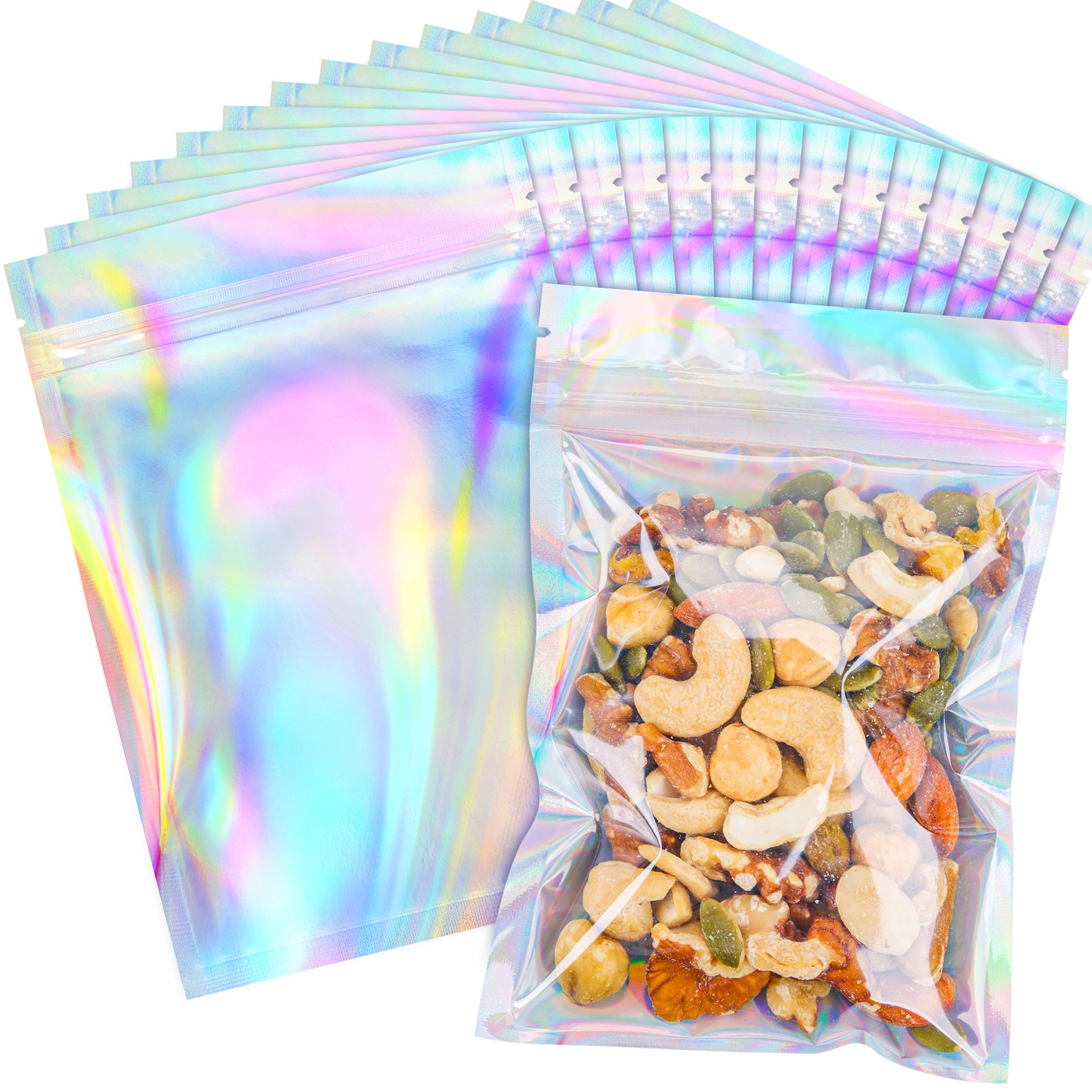 NPLUX Holographic Mylar Bags Resealable Smell Proof Bags for Lip Gloss, Jewelry, Lash Candy and More - Small Business Packaging Supplies(100PACK,