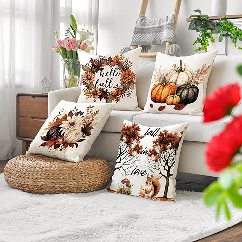 Miniatura 2 de Juego de 4 fundas de almohada de otoño de 18 x 18 pulgadas, con temática otoñal, de granja, Acción de Gracias, de lino, calabaza, hoja de arce,