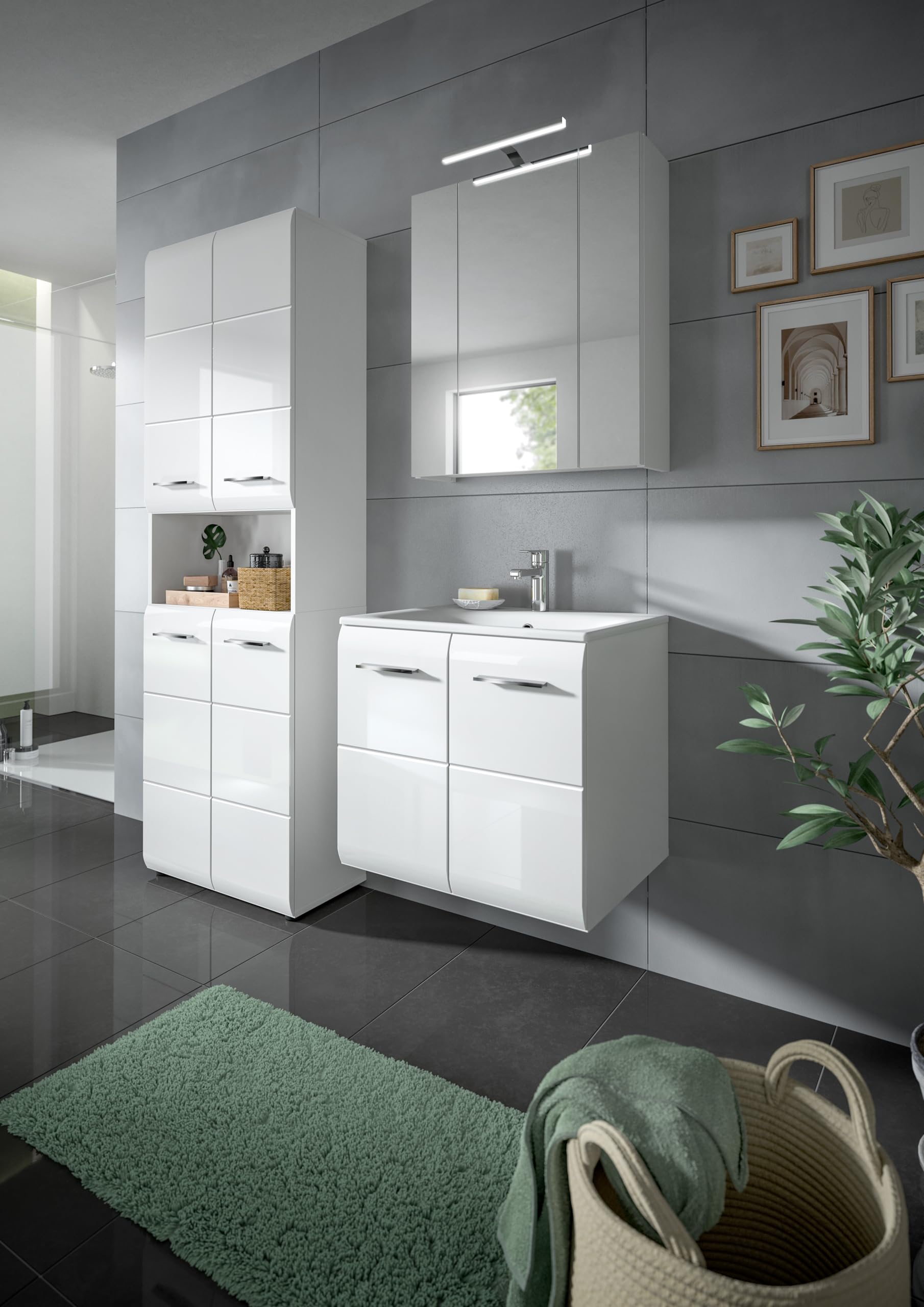xonox.home – 3 TLG. Badkombination Ice 135x185x46 cm in Korpus weiß Nachbildung und Front weiß Hochglanz – Moderne Badezimmermöbel Kombination – stilvoll – Bild 5