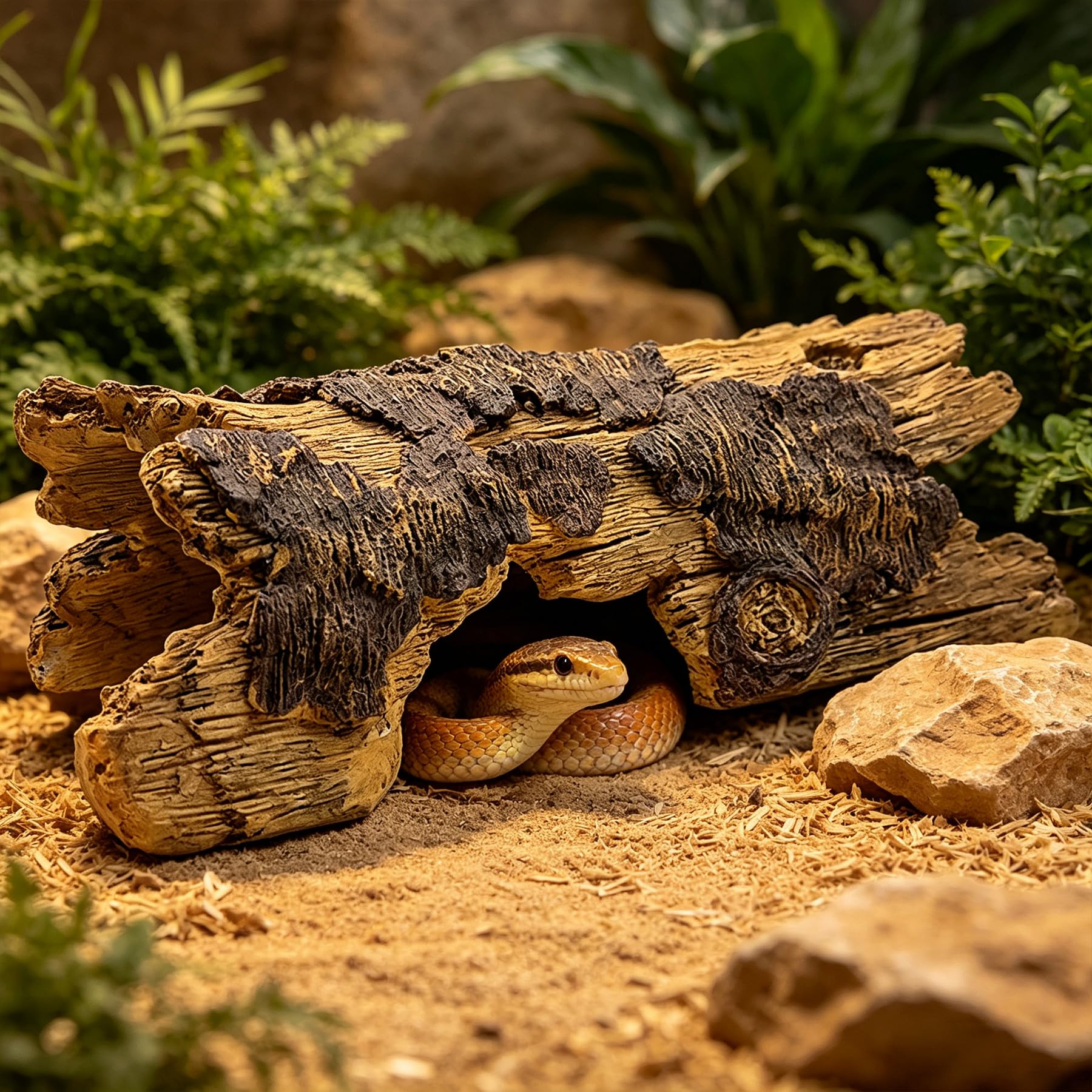 Statue de grotte en résine pour reptile et bûche creuse XL kaki