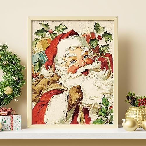 Miniatura 4 de Whaline 4 impresiones artísticas navideñas de Papá Noel, reno, bayas de acebo, pósteres de papel vintage para invierno, Navidad, hogar, oficina,