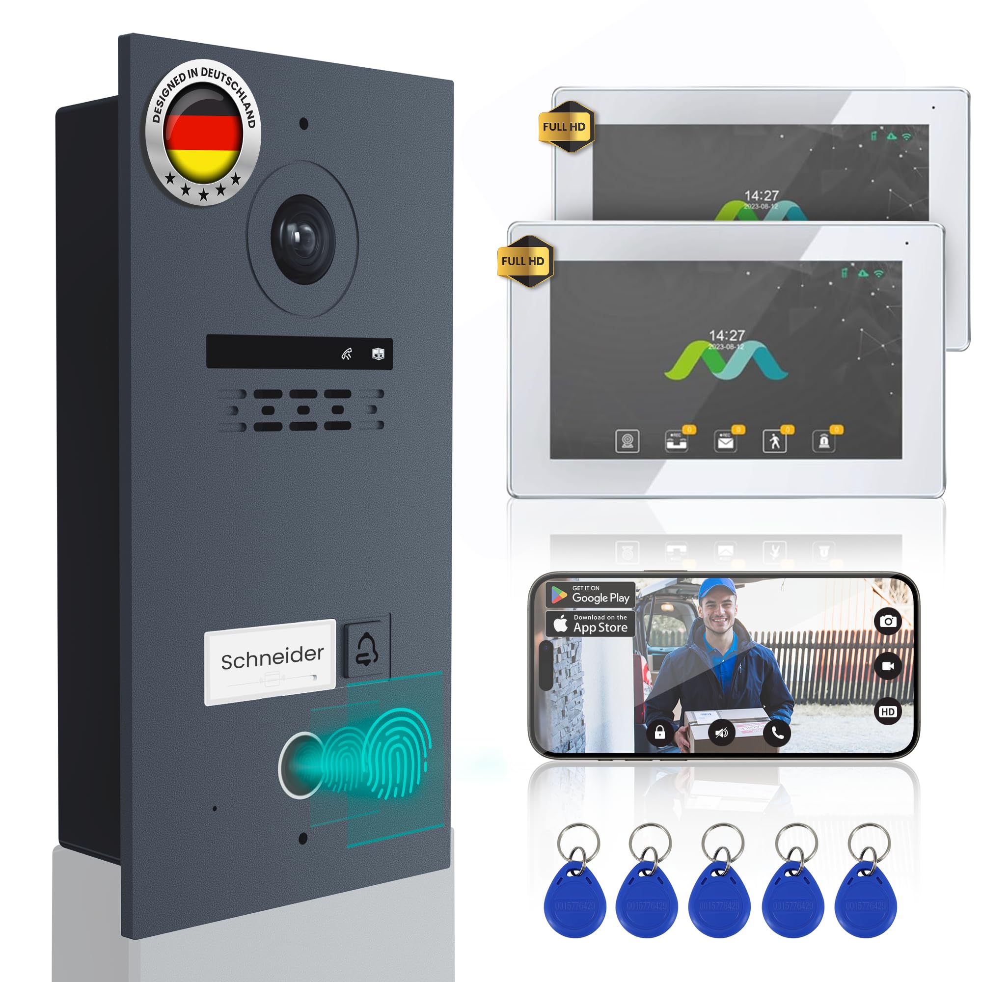 MATHFEL 2 Draht Video Türsprechanlage Einfamilienhaus Full HD mit 2 Jahren Garantie - Einfache 2-Draht-Bus-Installation - 170° Kamera, 1X7-Zoll Touchscreen, WLAN, RFID und Fingerprint Zugangskontrolle
