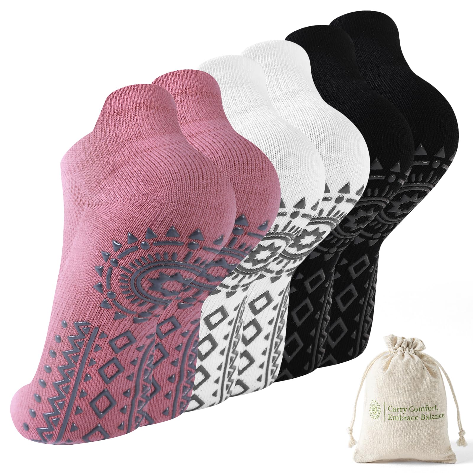 BISOUSOX Yoga Socks with Bag Women Pilates Socks Short Non-Slip Breathable Cotton Gym Bar Fitness Gift for Women Pregnant Mother 3 Pairs — view 7