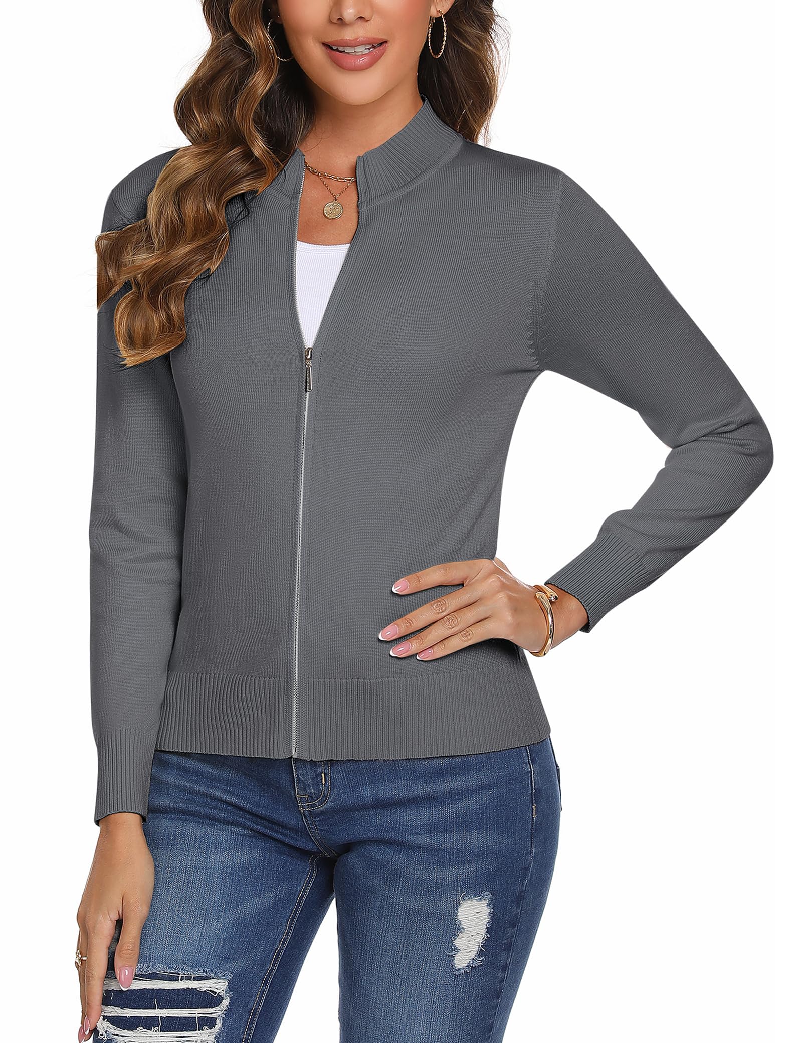 Aottori Cardigan Donna con Zip Maglione Cerniera Leggero Giacca in Maglia Elegante Golfino a Maniche Lunghe Pullover Aperta Casual per Primavera Autunno Invernale