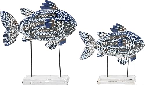 Deco 79 Polystone - Escultura decorativa de peces tribales con detalles tallados blancos y detalles de espejo, juego de 2 figuras de acento de 14