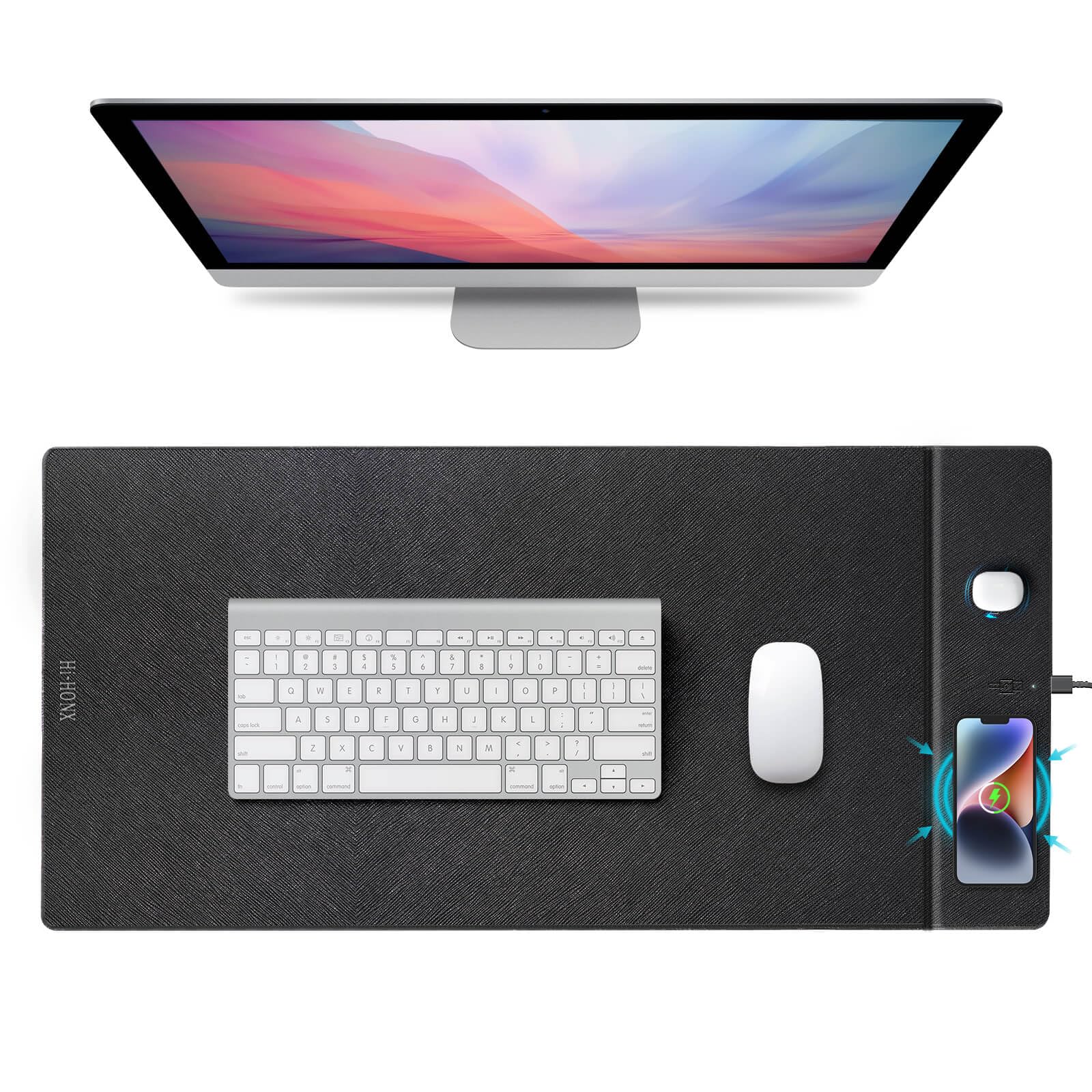 Alfombrilla de ratón de carga inalámbrica, 90 x 43 cm, XL grande, superficie ultralisa, parte trasera antideslizante, color negro clásico, base impermeable para ordenador para MacBook, PC, portátil