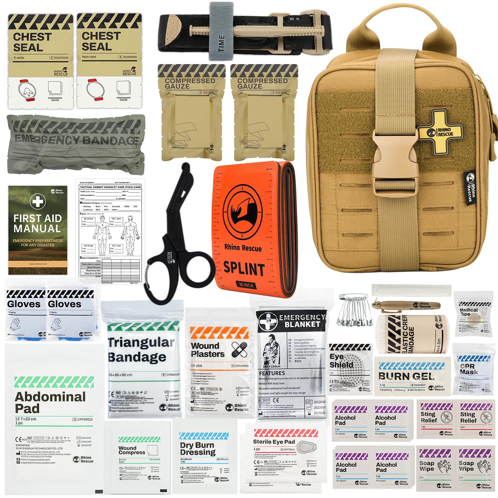 Rhino Rescue Ifak Kit De Premiers Secours, Fournitures D'Urgence Avec Gaze Et Bandage Pour La Chasse, Le Camping, Les Voyages (Khaki Pro)