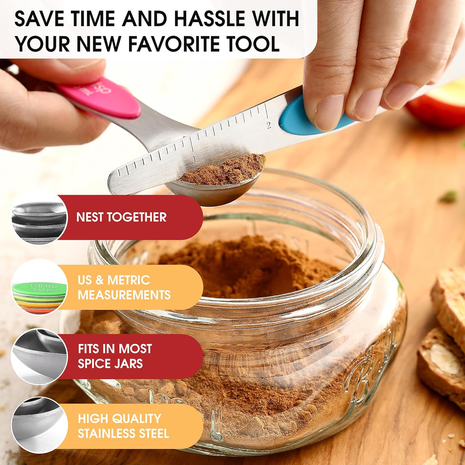 Spring Chef Stainless Steel Magnetic Measuring Cups, Set of 7 & Heavy Duty Magnetic Teaspoon & Tablespoon Measuring Spoons, Set of 8 with Leveler - 2 Product Bundle - Neon