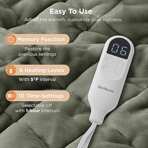 Vista 72 de Bedsure - Manta eléctrica tamaño matrimonial; térmica, de franela suave, calentamiento rápido, 10 ajustes de tiempo y 6 ajustes de calor; regalo 01