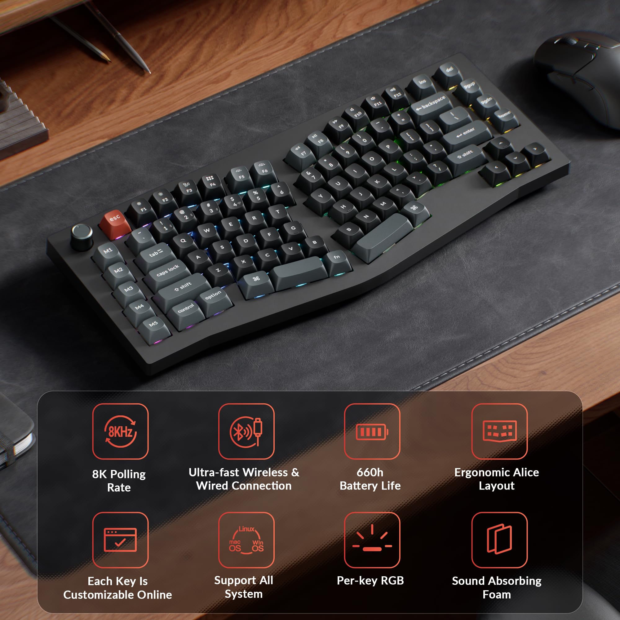 Keychron Tastiera meccanica wireless V10 Ultra 8K, layout ergonomico Alice al 75% con manopola, 8000Hz 2.4GHz/USB-C cablata, Bluetooth 5.3, ZMK, interruttori lineari rossi sostituibili a caldo per Mac