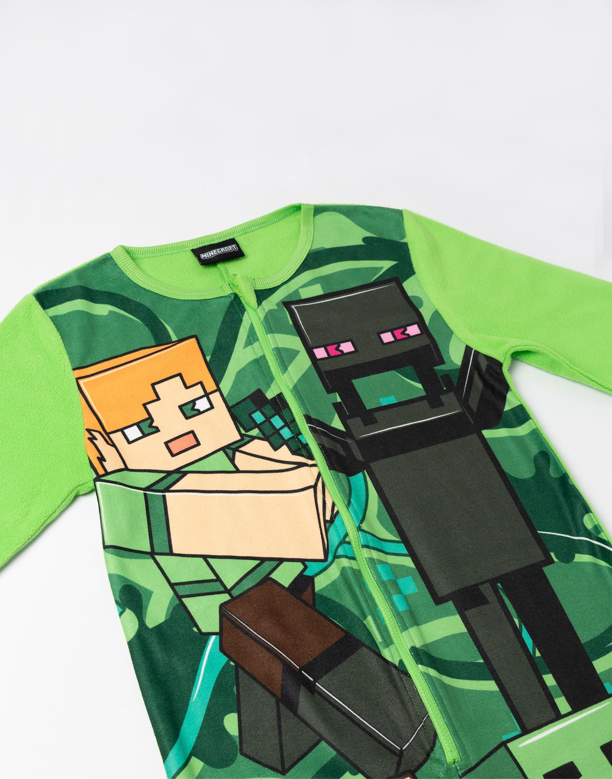 Minecraft Mono Verde con Cremallera Creeper para niño | Pijama de Microfibra de Manga Larga con Estampado de Steve y Enderman | Pijama Infantil Gamer | Ideal para Dormir y Relajarse
