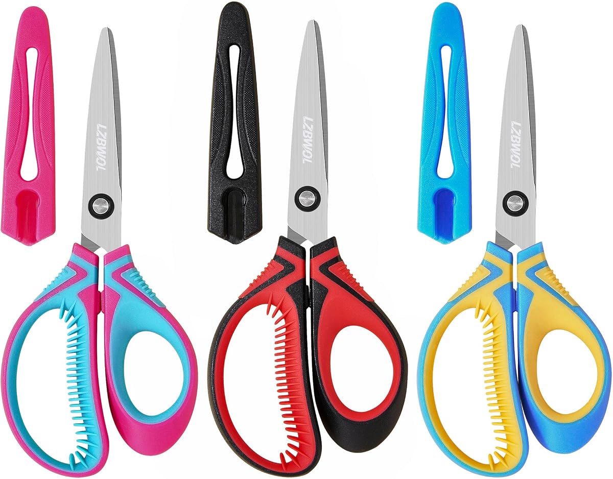 Kids Scissors Ages 8-12 for School, 7" Soft Comfort Grip, 3 Pack | Protective covers. Durable stainless steel blades perfect for class projects, classroom arts and crafts.