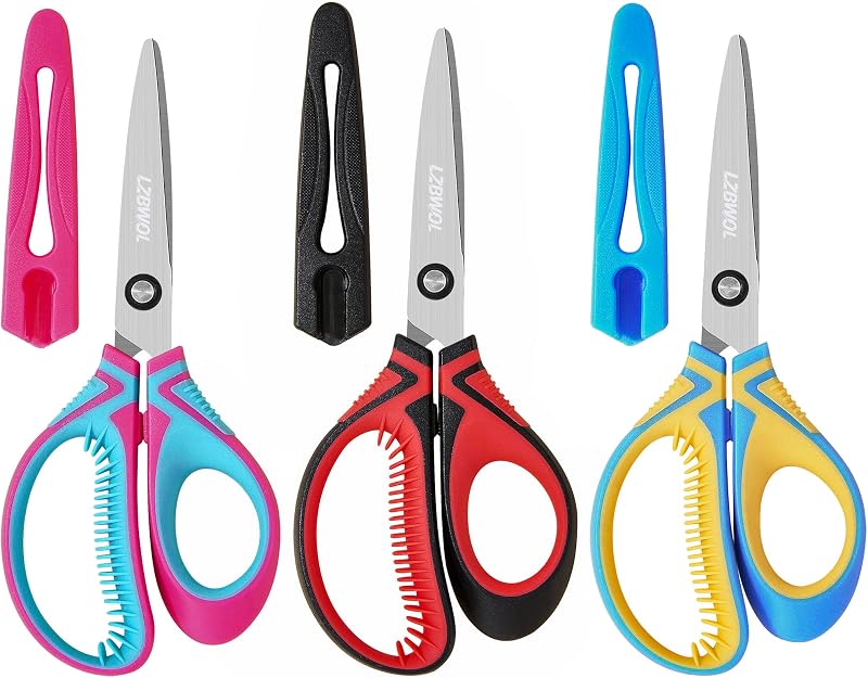 Kids Scissors Ages 8-12 for School, 7" Soft Comfort Grip, 3 Pack | Protective covers. Durable stainless steel blades perfect for class projects, classroom arts and crafts.