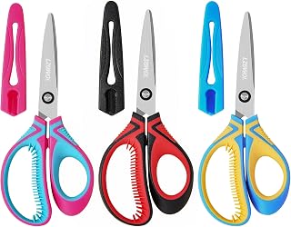 Kids Scissors Ages 8-12 for School, 7" Soft Comfort Grip, 3 Pack | Protective covers. Durable stainless steel blades perfect for class projects, classroom arts and crafts.