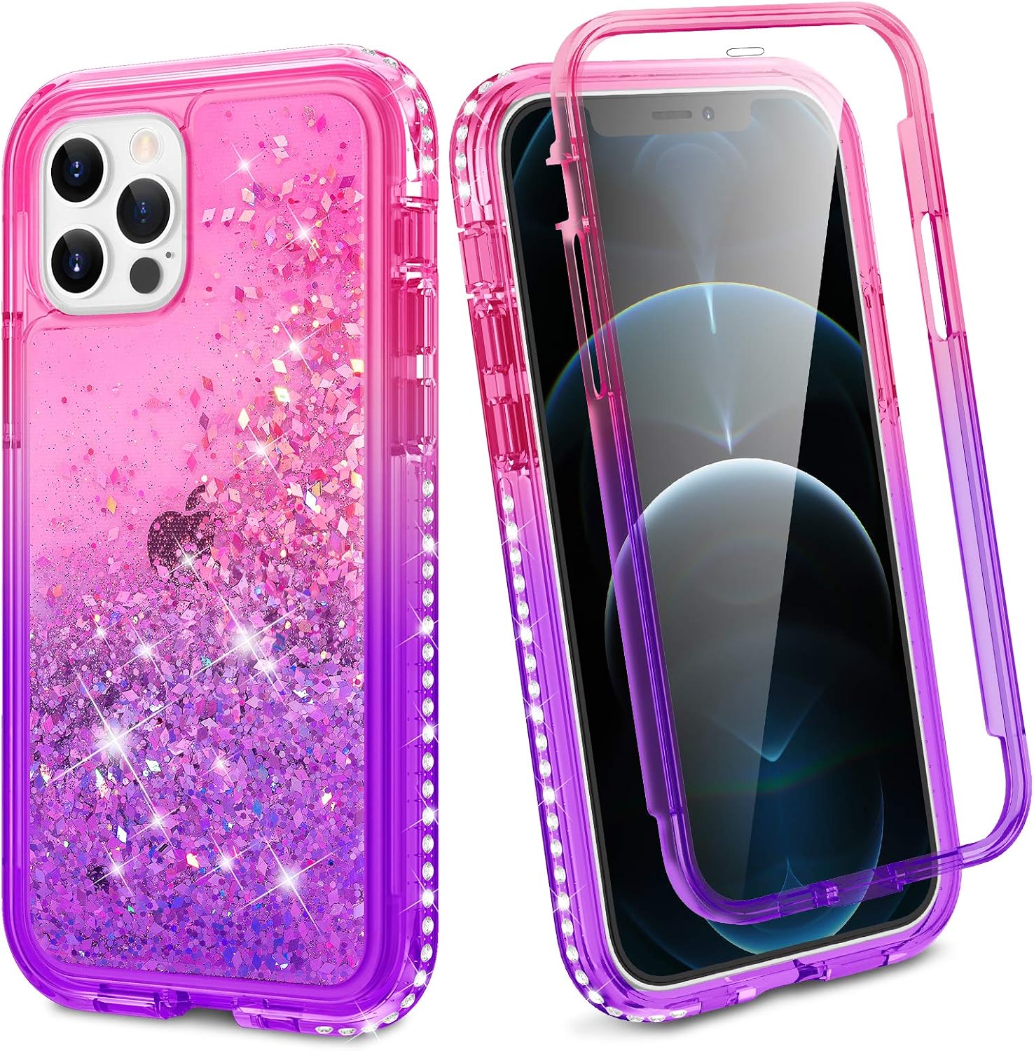 Ruky iPhone 12 Pro Max Case, iPhone 12 Pro Max Glitter Case, Full Body Rugged Cover with Built-in Screen Protector Soft TPU Shockproof Protective Girls Women Case for iPhone 12 Pro Max, Pink Purple