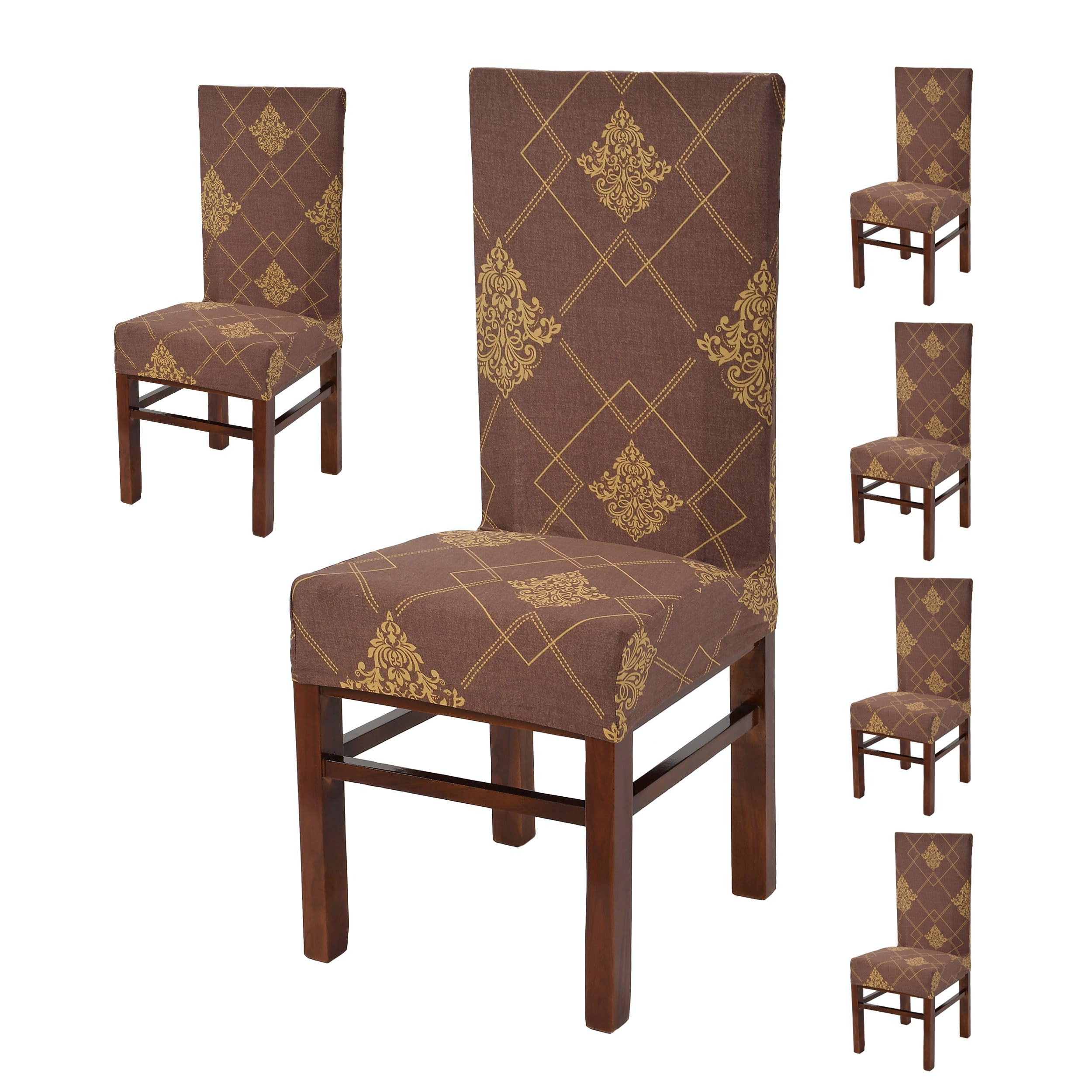 Yellow Weaves Elastic Stretchable Dining Chair Cover, Removable Washable Elastic Floral Printed Dining Chair Covers (Set of 6, Brown)