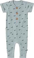 Modern Moments by Gerber Unisex Short Sleeve Long Leg Romper - 100% Cotton Baby Onesie with Pockets, Easy Snaps & Stretch
