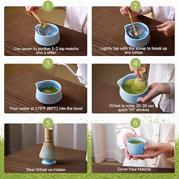 HELPLX Matcha Whisk Set, 10-Piece Japanese Matcha Kit with Bowl, Whisk & Holder, 2 Tea Cups, Bamboo Scoop, Spoon, Sifter, Scoop Rest & Tea Towel Blue Matcha Tea Set for Ceremony or Daily Use
