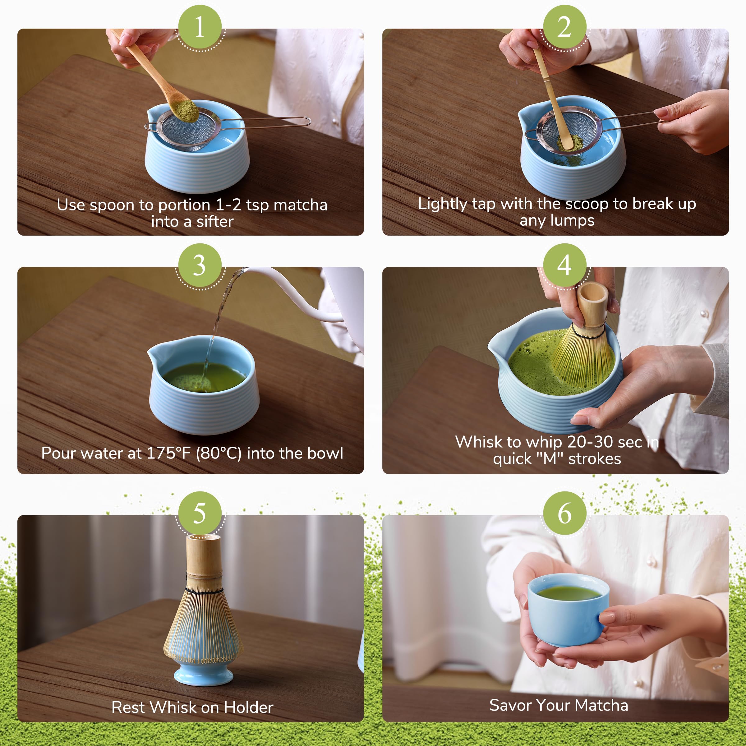 HELPLX - Set di fruste Matcha giapponesi, 10 pezzi, con ciotola, frusta e supporto, 2 tazze da tè, paletta in bambù, cucchiaio, setaccio, poggia paletta e strofinaccio, set da tè matcha blu per