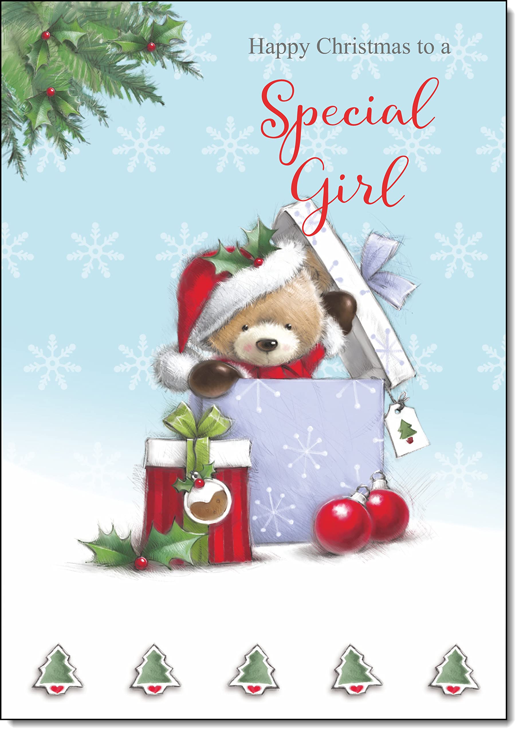doodlecards Special Girl Christmas Card Cute Bear Parcel Medium Size with Plain Red Envelope