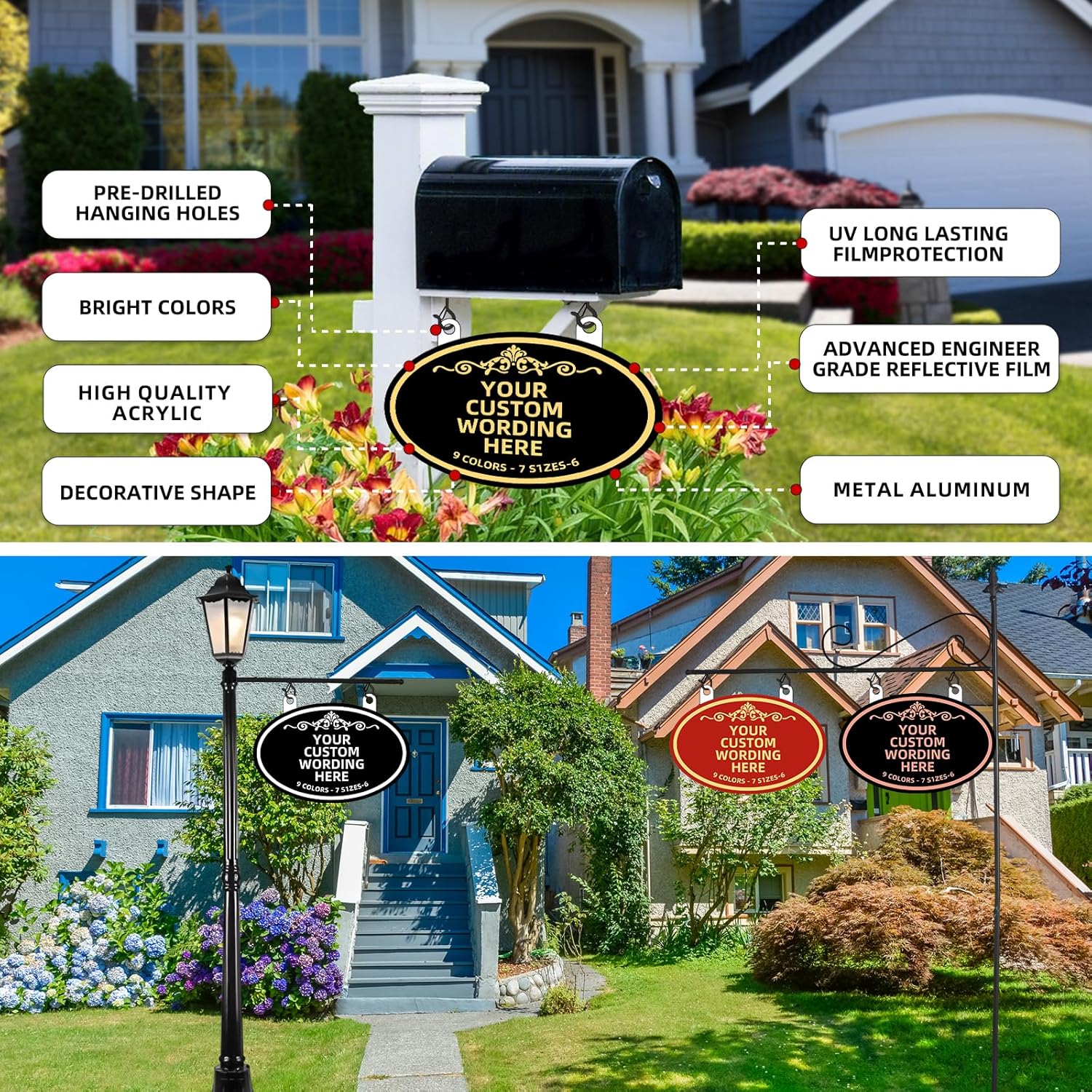 Custom Hanging House Address Sign Outdoor,Personalized House Number,Address Plaques for Outside,Single or Double Sided with Hooks,Oval Style