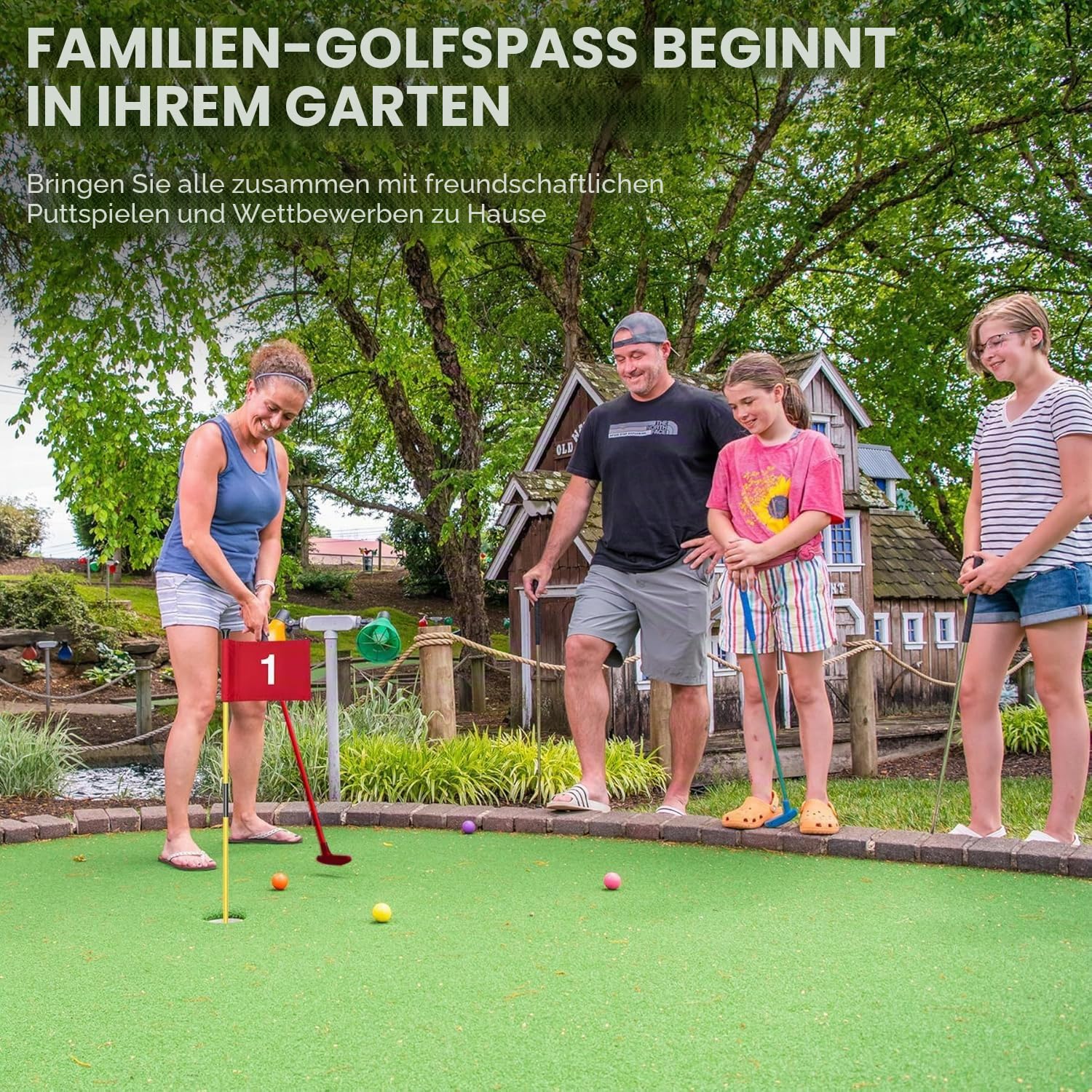 Mini-Golfplatz für Strand und Hinterhof, 2 x verstellbare Golf-Putter, 2 x Golfflaggen und Putting-Lochbecher, 2 x Golfbälle, 1 x Bagger und Reisetasche