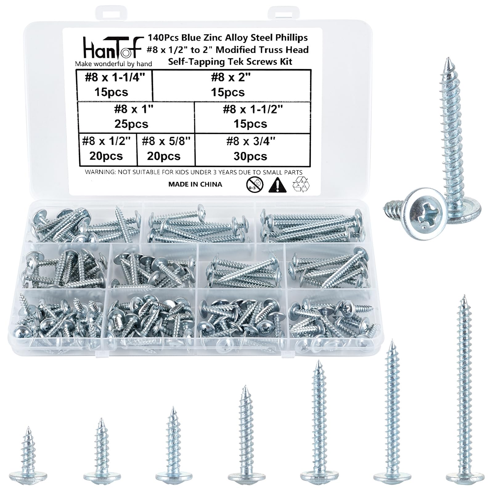 HanTof 140 Pcs Blue Wafer Head Wood Screws, 8# x 1/2 to 2 inch Modified Truss Head Quick Metal Self Tapping Deck Screw Assortment Kit, Sharp Point