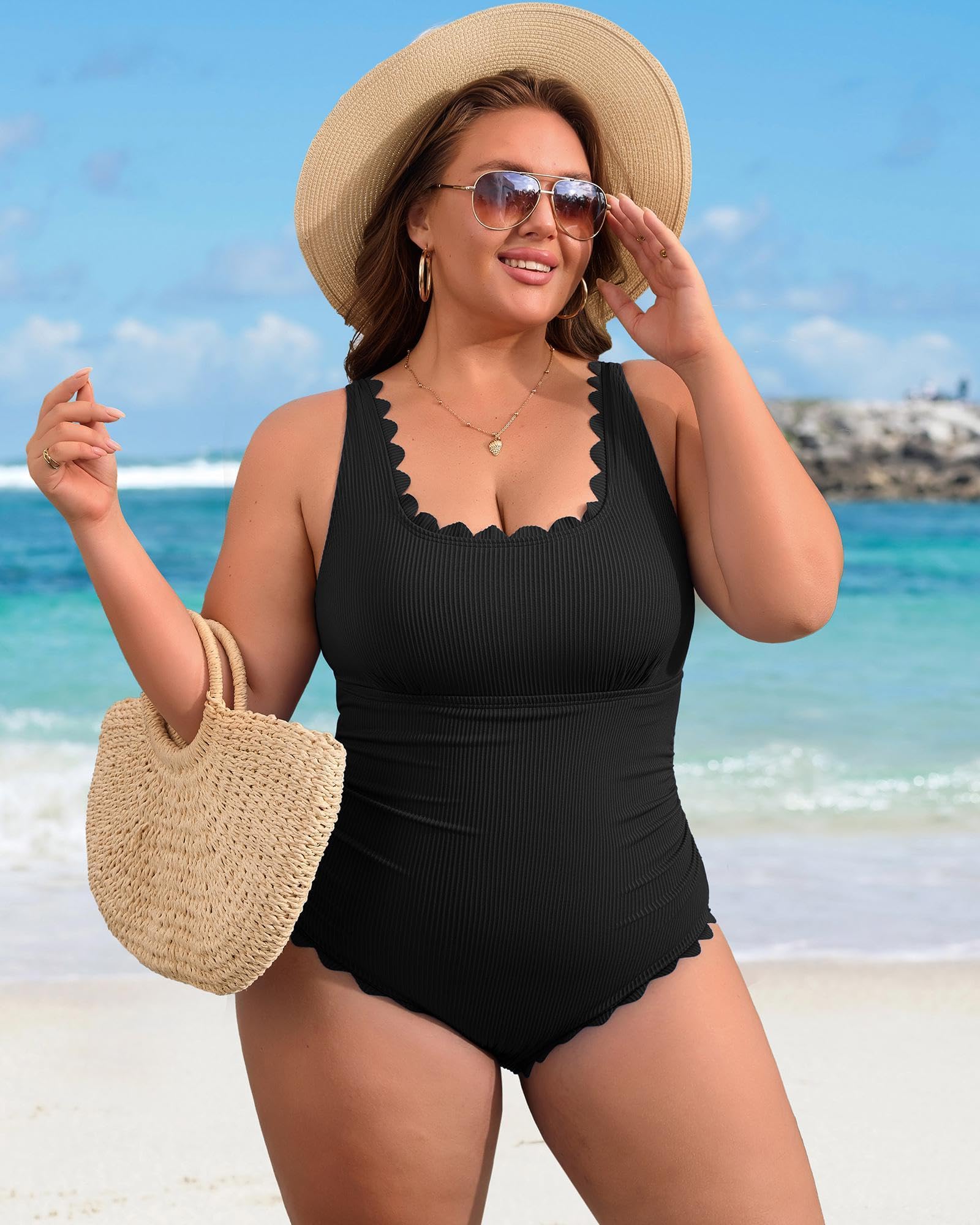 Charmo Plus Size Swimsuit for Women 2026 Tummy Control Scalloped Ribbed One Piece Swimsuits Ruched Modest Bathing Suit: Black 4X