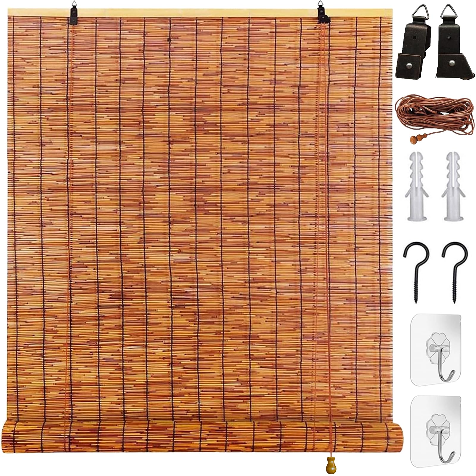 Bamboo Blinds 55 60 100 120 145 165 180cm Reed Blinds Retro Bamboo Roller Blinds Natural Reed Curtains Anti-UV Outdoor Shade With Lifter Sunshade Privacy Screen Roman Bamboo Blinds For Windows