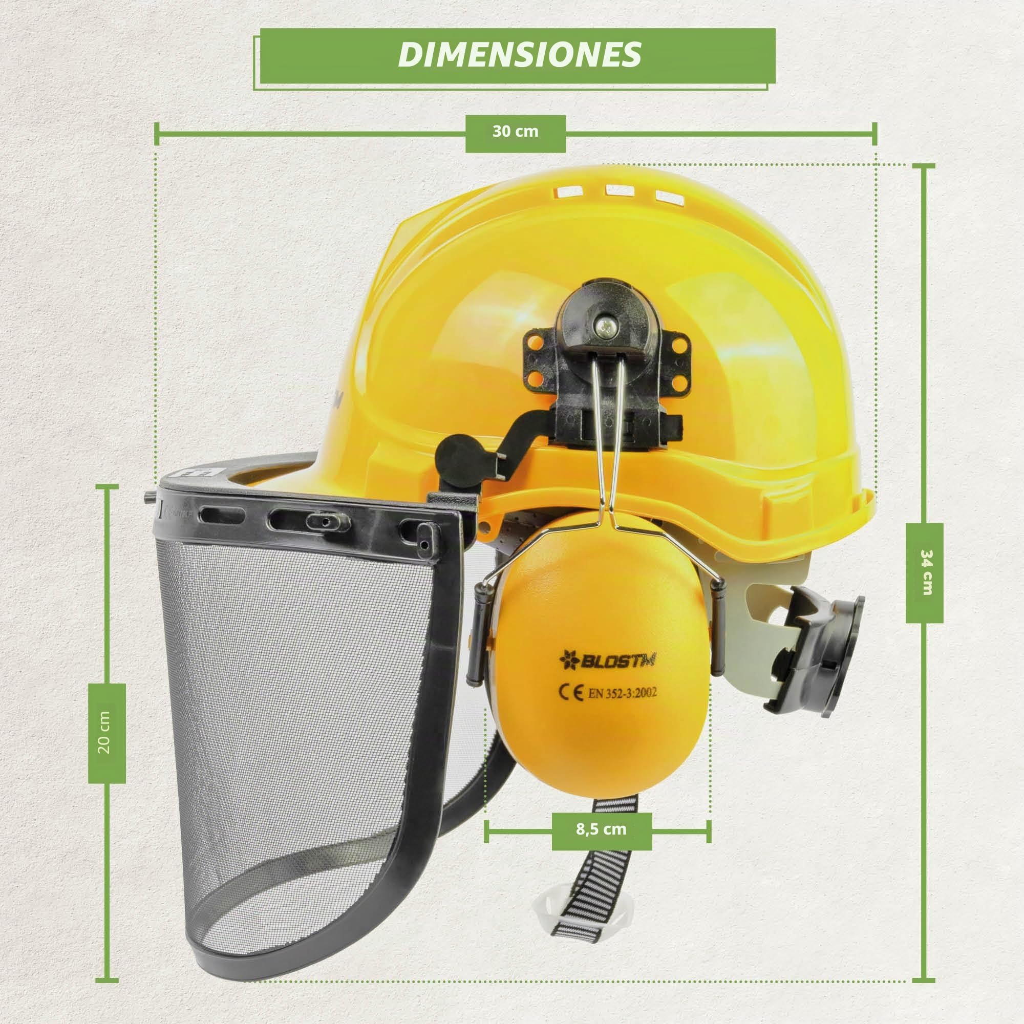 BLOSTM Casco de Seguridad para Motosierra - Casco Desbrozadora 3 en 1 con Visera de Malla de Acero y Orejeras de Protección Auditiva, Casco Obra y Forestal, Antiruido, Resistente a Impactos